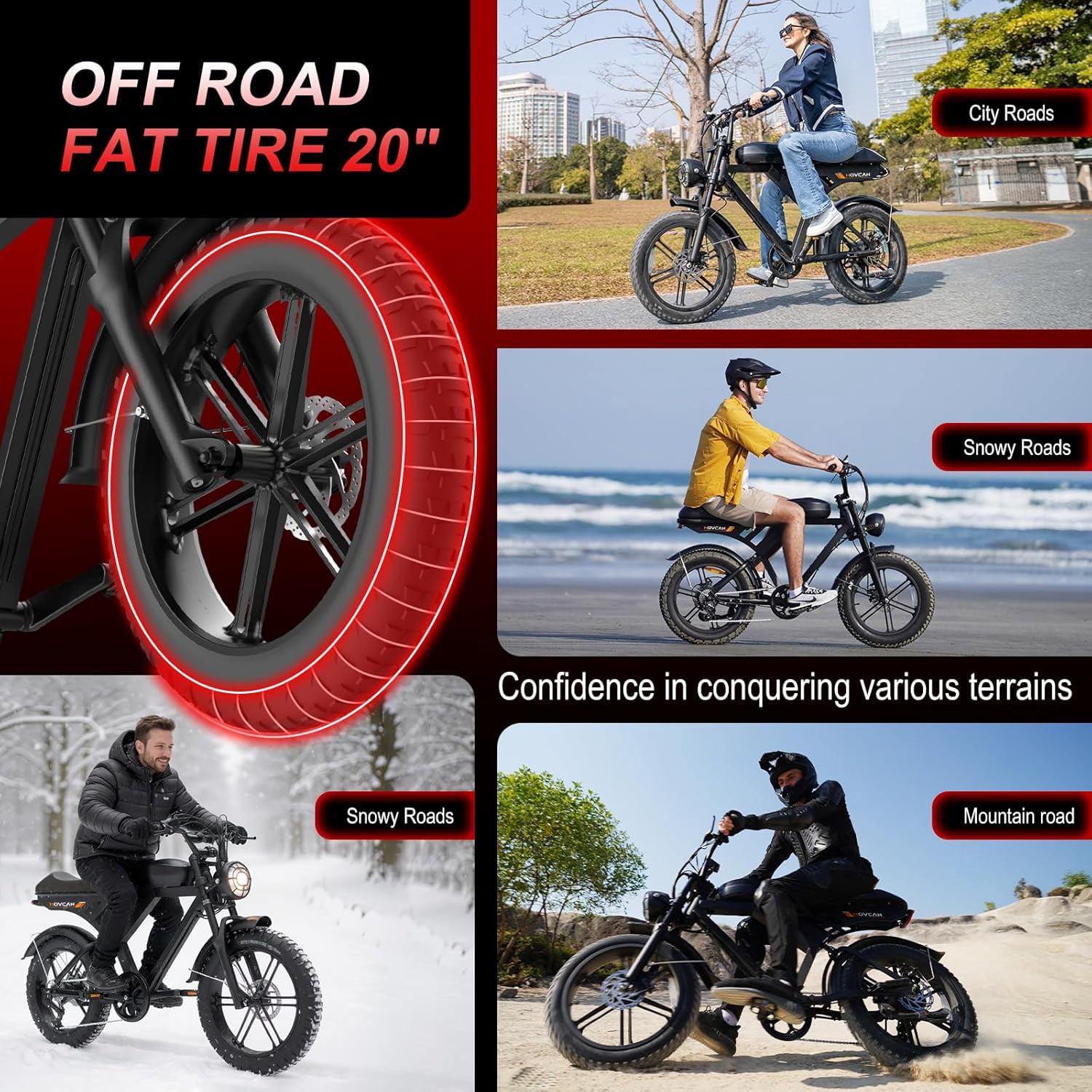 Movcan V30 Electric Bike for Adults, 1000W Motor 20 in Fat Tire Off-Road Mountain Ebike (Black, 48V 15.6Ah) wihzd