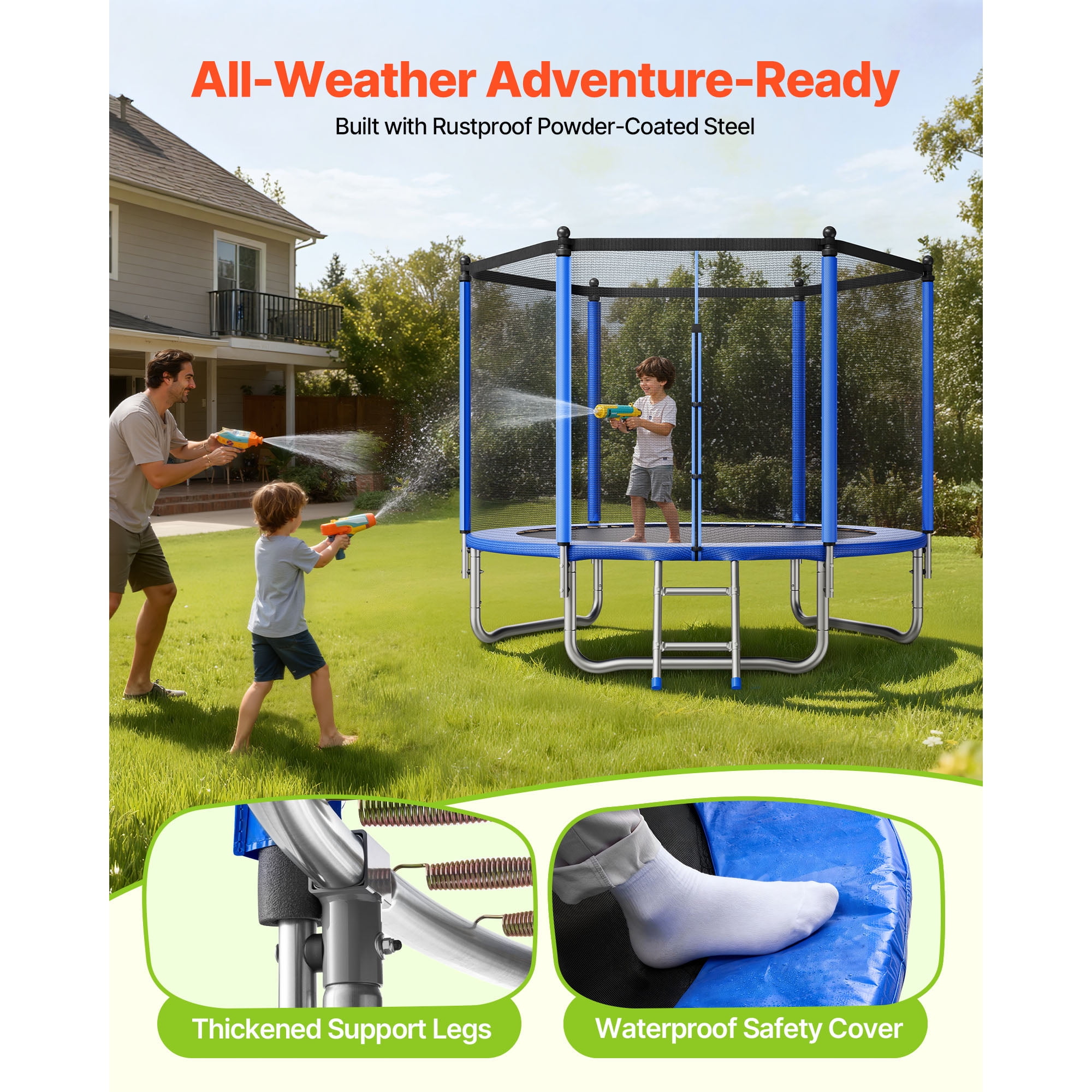 KFFKFF 8ft Outdoor Trampoline with Safety Enclosure, Rust-Resistant Steel Frame, High-Bounce Recreational Set (Black, 8ft) whsg3
