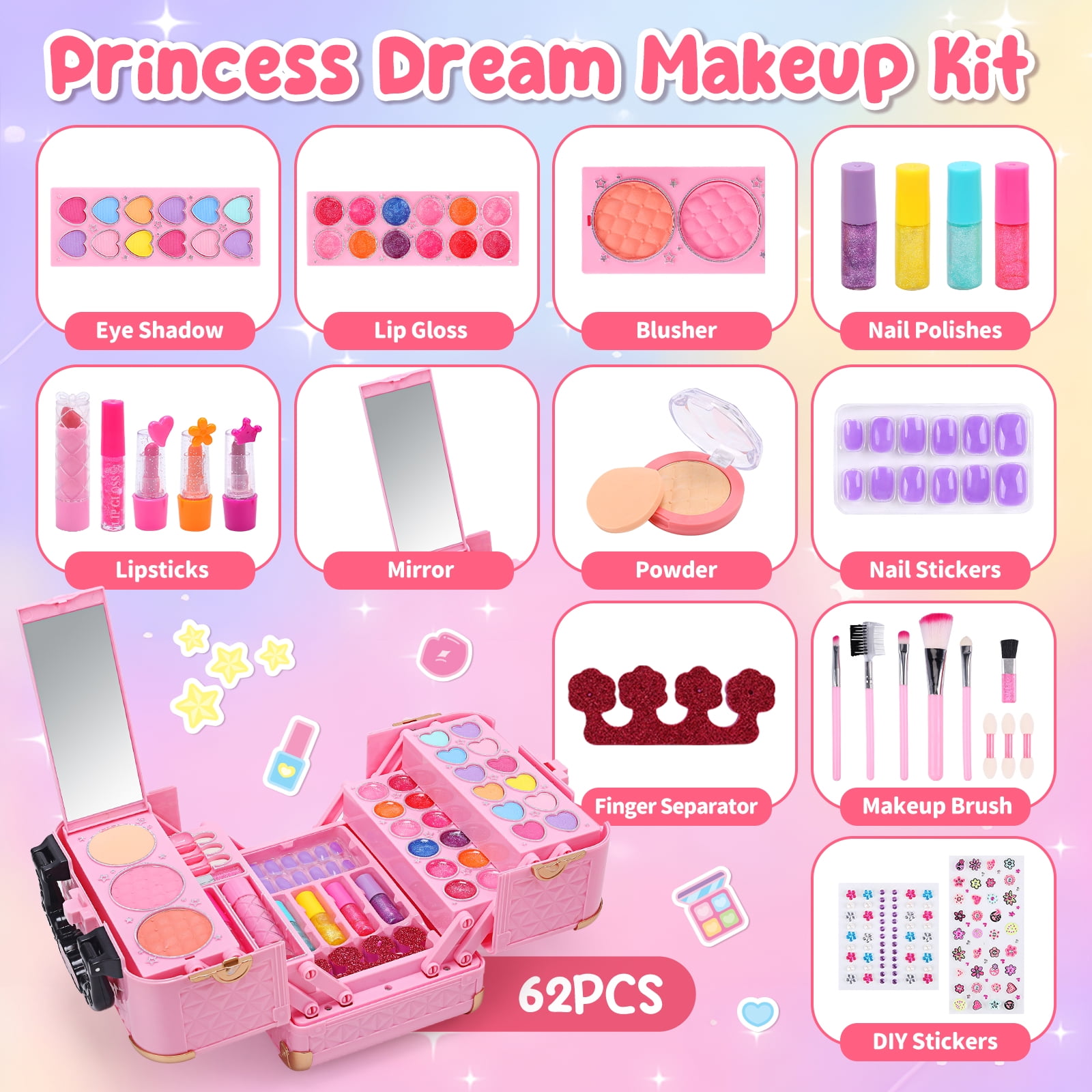 JoyStone Kids Washable Makeup Kit, Pretend Play Vanity Set with Carrying Case (Pink, 62-Piece Set) 6yhxu