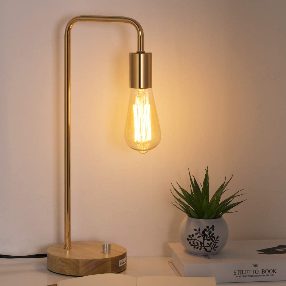 Haitral Industrial Desk Lamp with Metal Frame and Wooden Base (Gold, 15 in) vuqmf