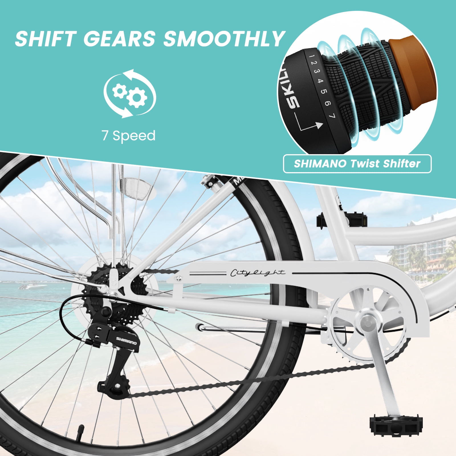 MOONCOOL 7-Speed Cruiser Bike for Women, Step-Through City Bicycle with Basket and Rear Rack (White, 26 in) mld91