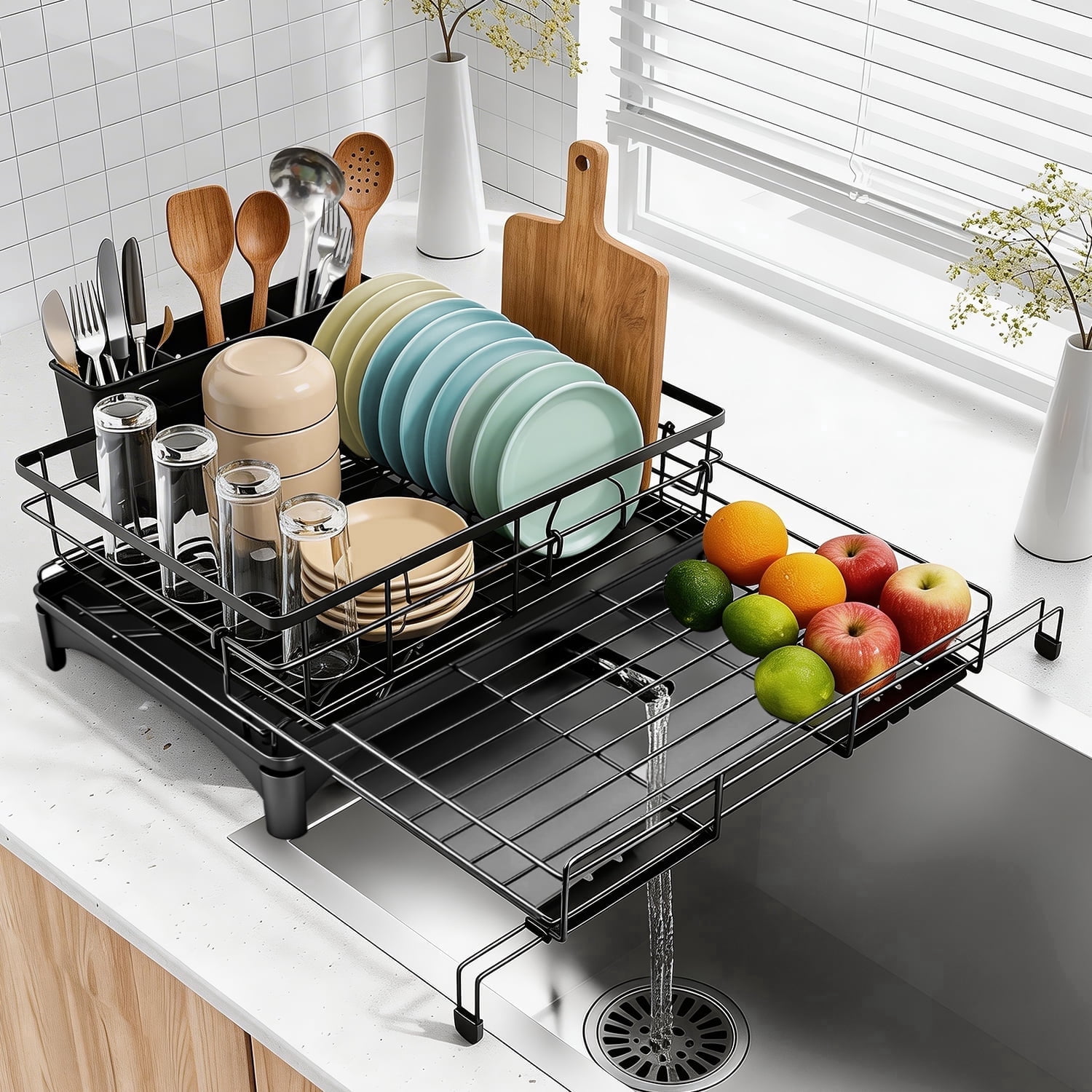 AOKIWO Extendable Dish Drying Rack, Large Capacity Kitchen Counter Drainer with Utensil Holder (Black, 11 in to 21.7 in) gbbk8