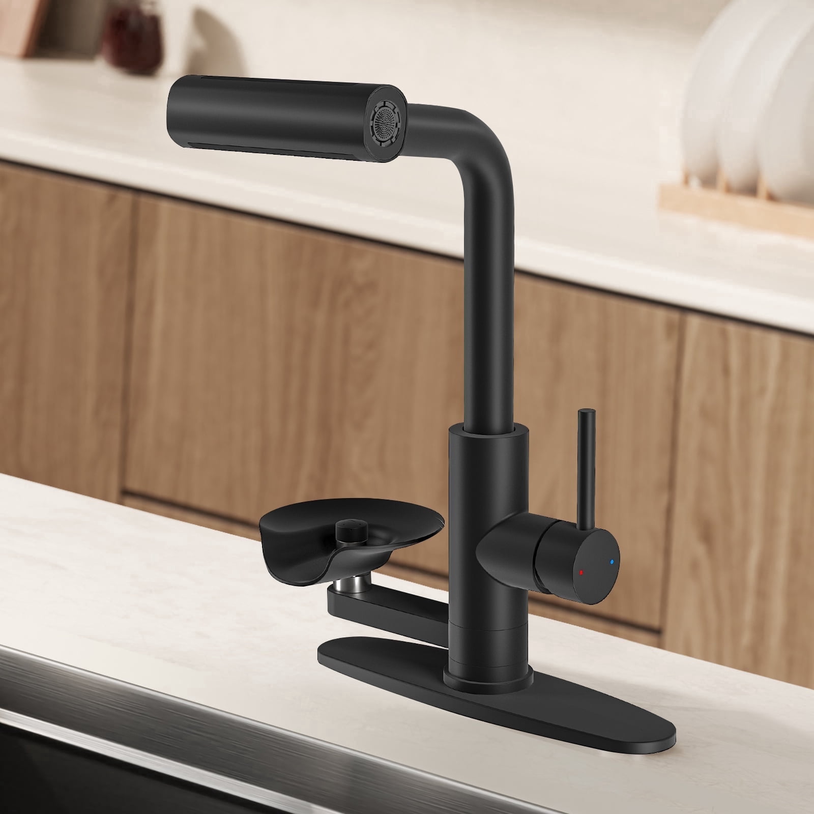 KAIYING Pull Down Kitchen Faucet with Sprayer and Integrated Glass Rinser (Matte Black, 14.96 in Hose) ja0w0