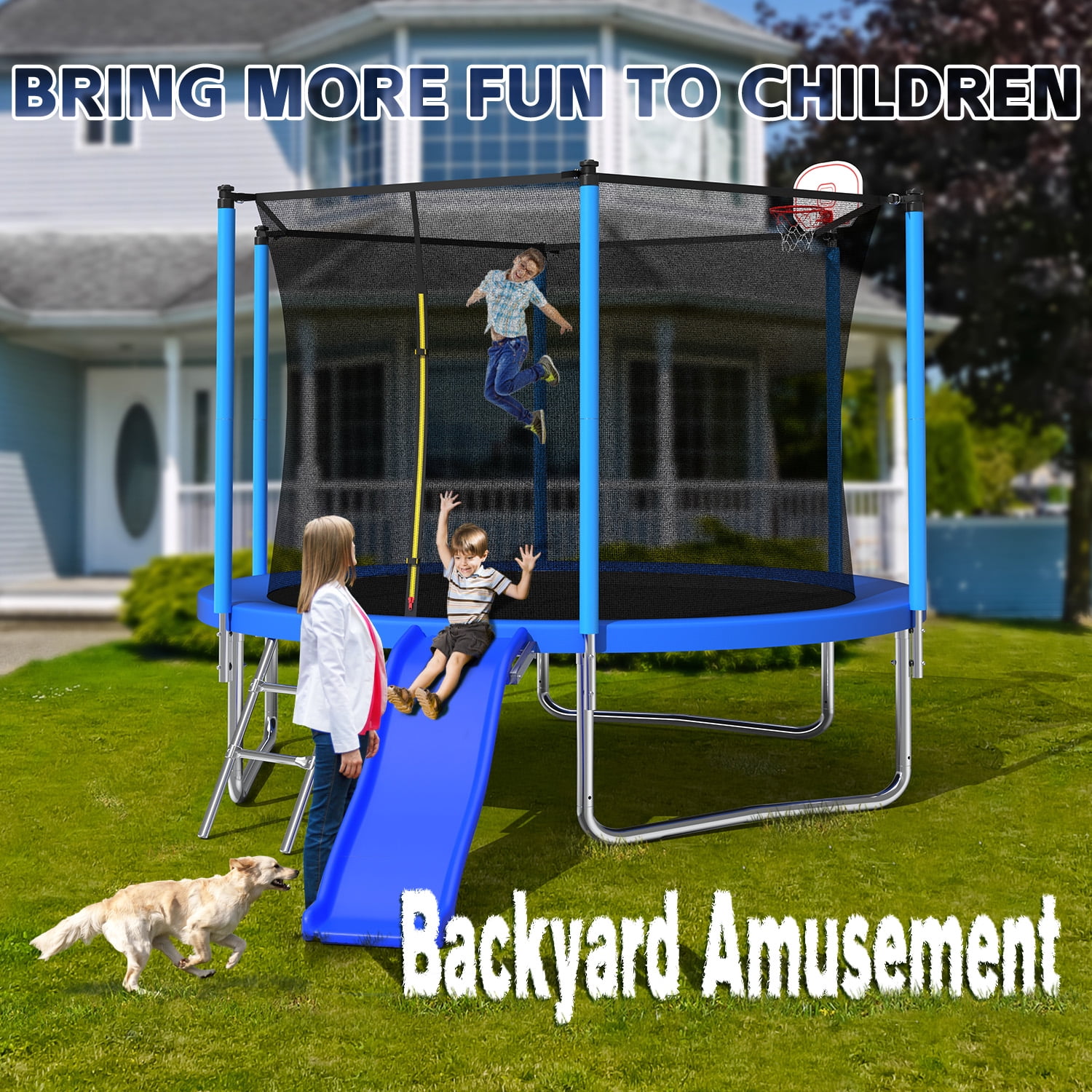 Mersco 10 ft Heavy Duty Outdoor Trampoline with Enclosure Net, Slide, and Basketball Hoop (Blue, 10 ft) 7vhxm