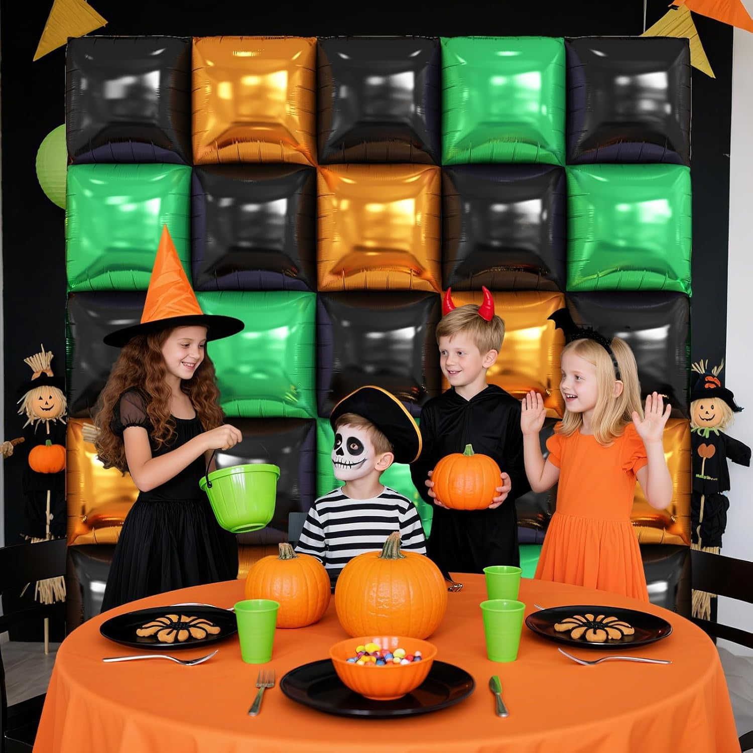 Party Decor Square Foil Balloon Wall Kit (Black, Orange, Green, 25-Piece Set) zb6ju