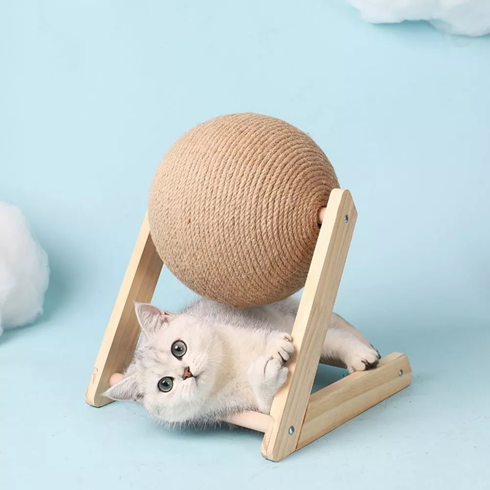 Oenbopo Cat Scratching Ball Toy, Natural Sisal Spinning Scratcher with Solid Wood Base (Brown, 4.7 in) ftv83