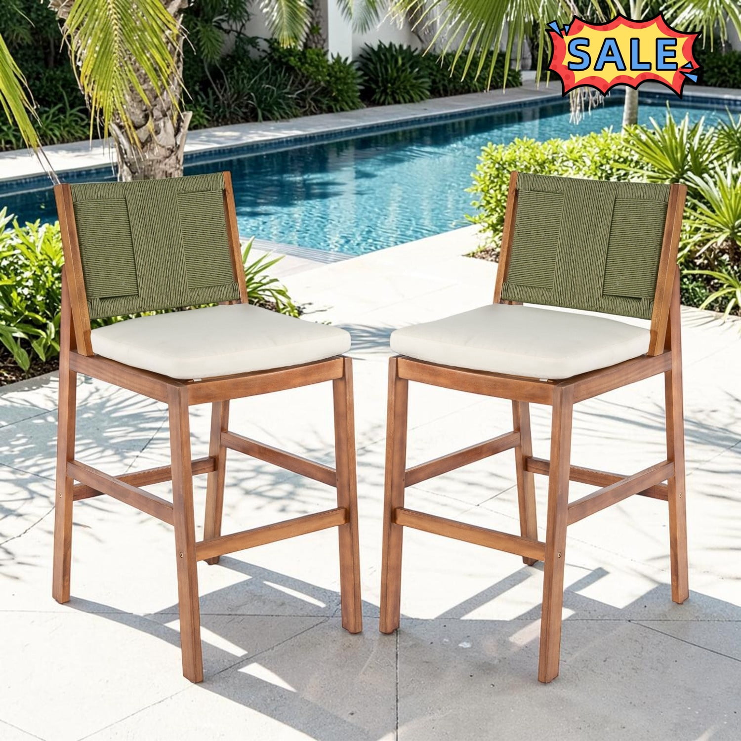 Tcbosik Outdoor Acacia Wood Bar Stools with Wicker Back and Cushions (Cream & Green, 2-Piece Set) sohbd