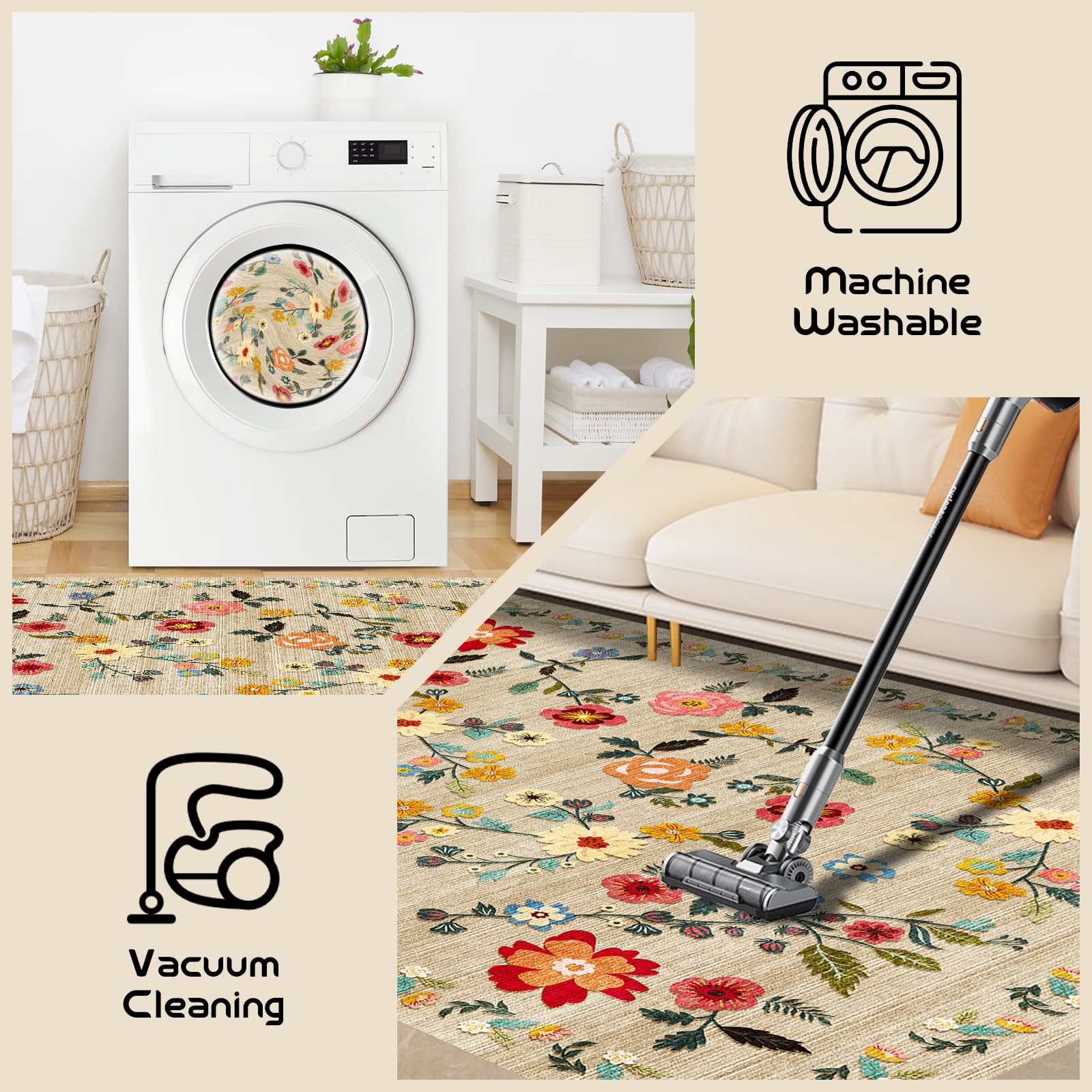 Pentantan Floral Area Rug, Machine Washable Soft Indoor Carpet for Living Room and Bedroom (Beige, 5 ft x 7 ft) xsutb
