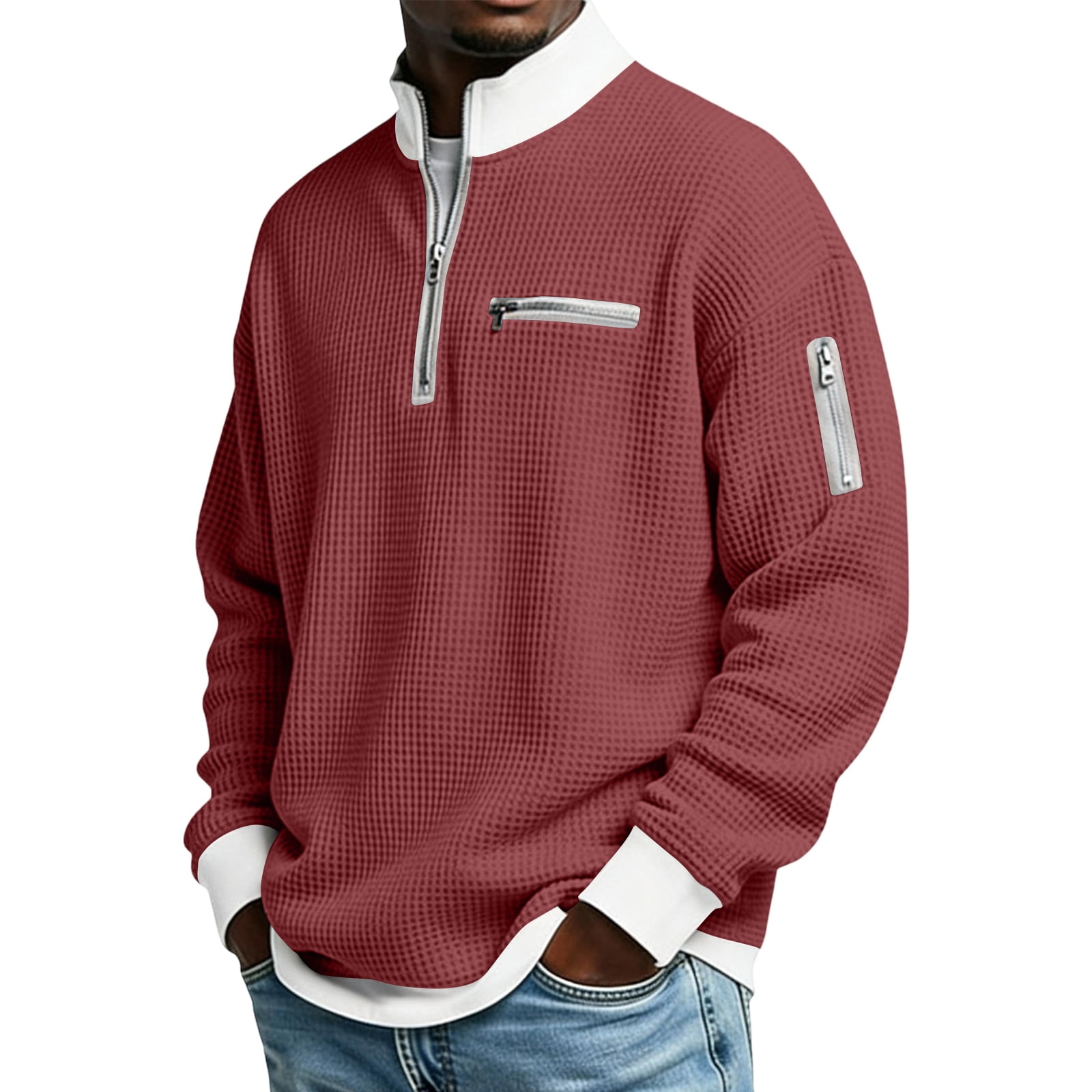 Nokdvo Mens Waffle-Knit Quarter Zip Pullover Long Sleeve Golf Sweatshirt (Wine, L) 63s7n