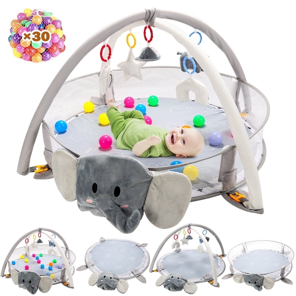 JoyStone 5-in-1 Elephant Baby Gym Play Mat with 30 Balls, Sensory Tummy Time Activity Center (Grey) 396w7