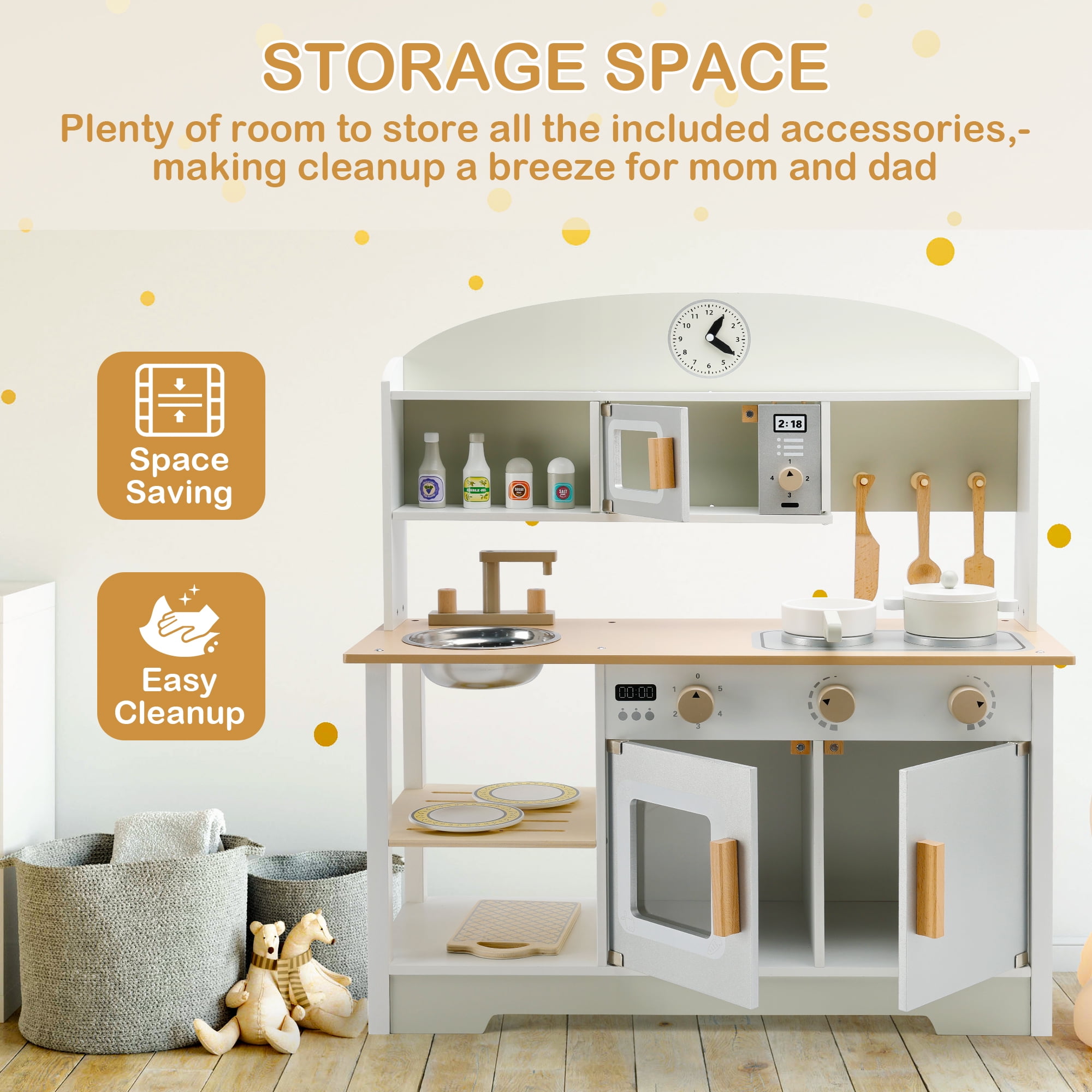 Bruce & Shark Kids Wooden Pretend Play Kitchen Set with Microwave, Sink, and Cookware Accessories (White, 28.35 x 26.77 x 10.24 in) zopix