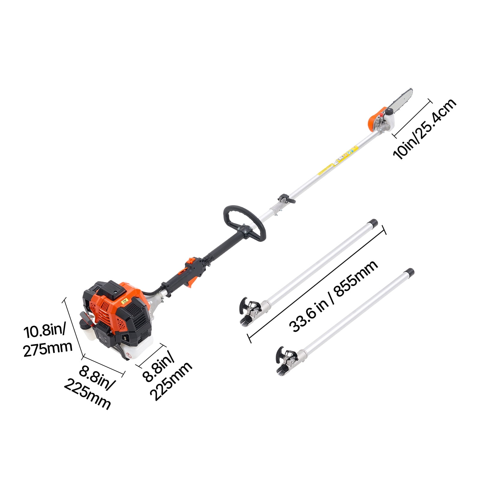 KFFKFF Gas-Powered Pole Saw, 43CC 2-Stroke Engine, 10-Inch Cutting Bar, Adjustable Head, Extendable Reach (Orange, 6.9 to 11.8 ft) g92w3