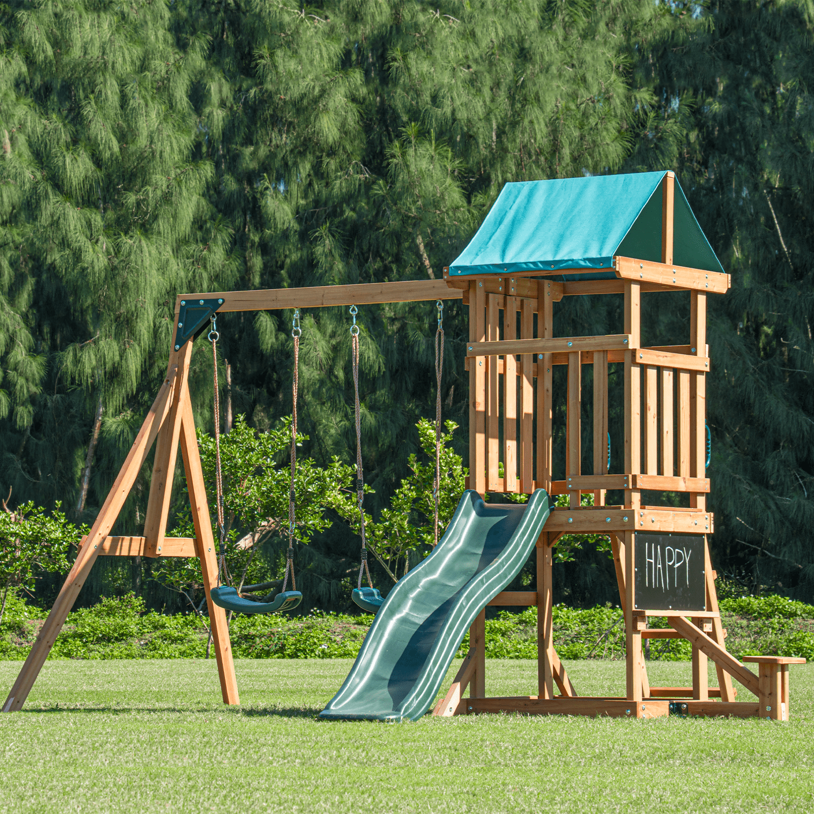 DOLPHIN PLAYGROUND Wooden Outdoor Playset with Swings, Slide, and Playhouse (Brown, 120 in x 108 in x 96 in) s0g3z
