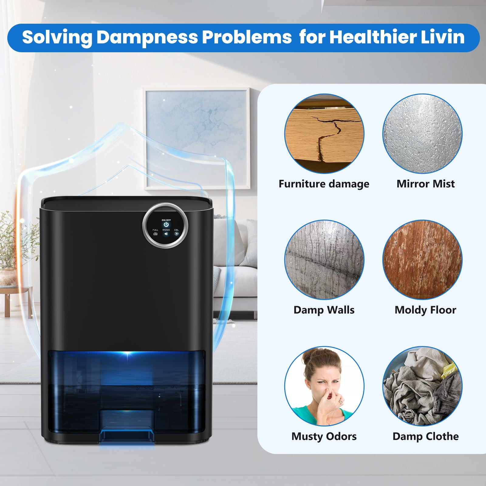 EGEH Portable Dehumidifier for Home, Quiet Small Dehumidifier with Auto Shut-off and 5-Color LED Lights (Black, 70 oz) x9tlw