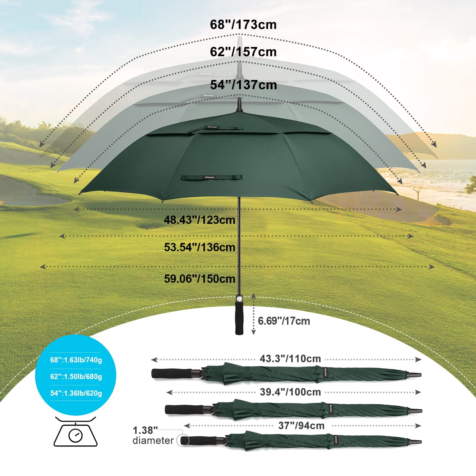 Gonex 68 Inch Automatic Open Golf Umbrella, Extra Large Windproof Double Canopy Stick Umbrella (Green, 68 in) 6mgt5