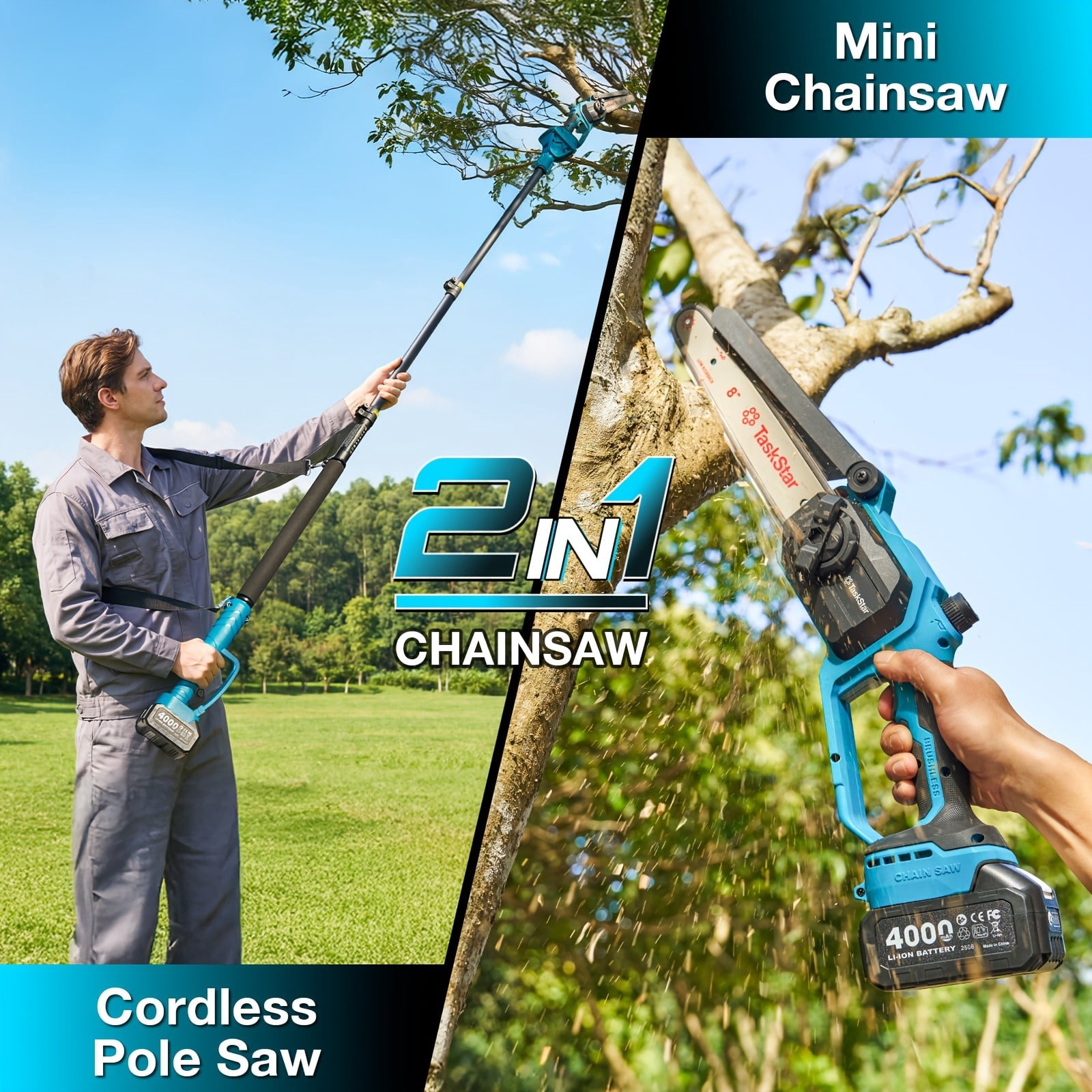 TaskStar 2-in-1 Cordless Pole Saw and Mini Chainsaw, 8 in Electric Handheld Pruning Tool (Blue, 15 ft Reach) j7rzr