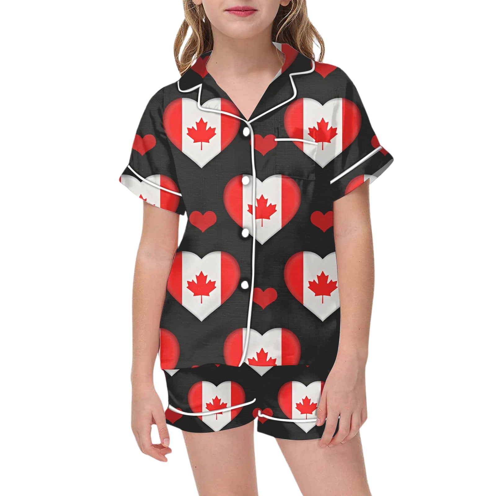 Zenthread Toddler Girl Summer Outfit Set Maple Leaf Print Short Sleeve Collared Shirt and Shorts (Black, 2-3T) wocwf