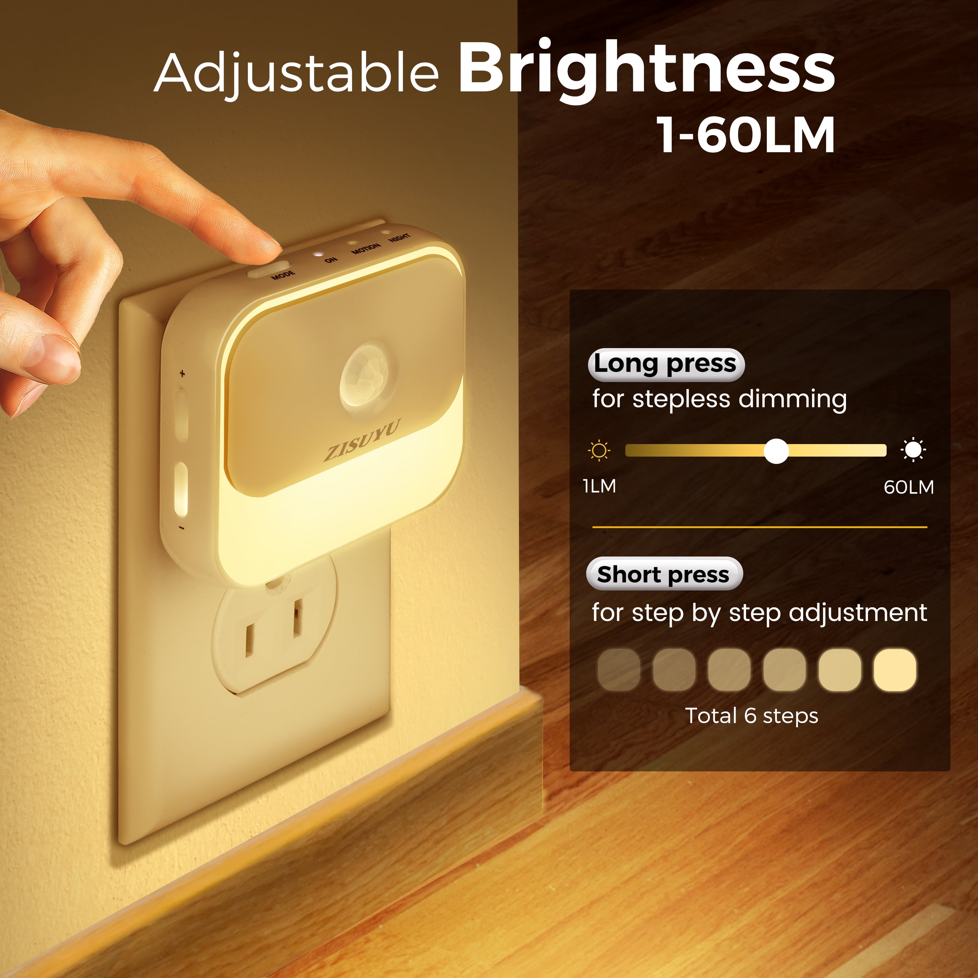 ZISUYU Dimmable Motion Sensor LED Night Light with 3 Lighting Modes (White, 2-Pack) zic0j