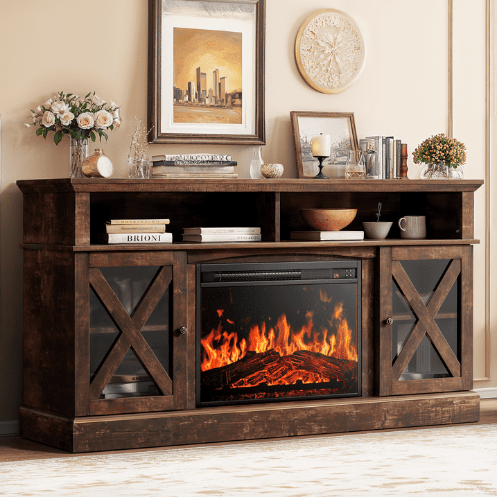 CHITOOMA Electric Fireplace TV Stand for 75 inch TVs Farmhouse Media Console (Vintage Brown, 23 in Fireplace) vppl5