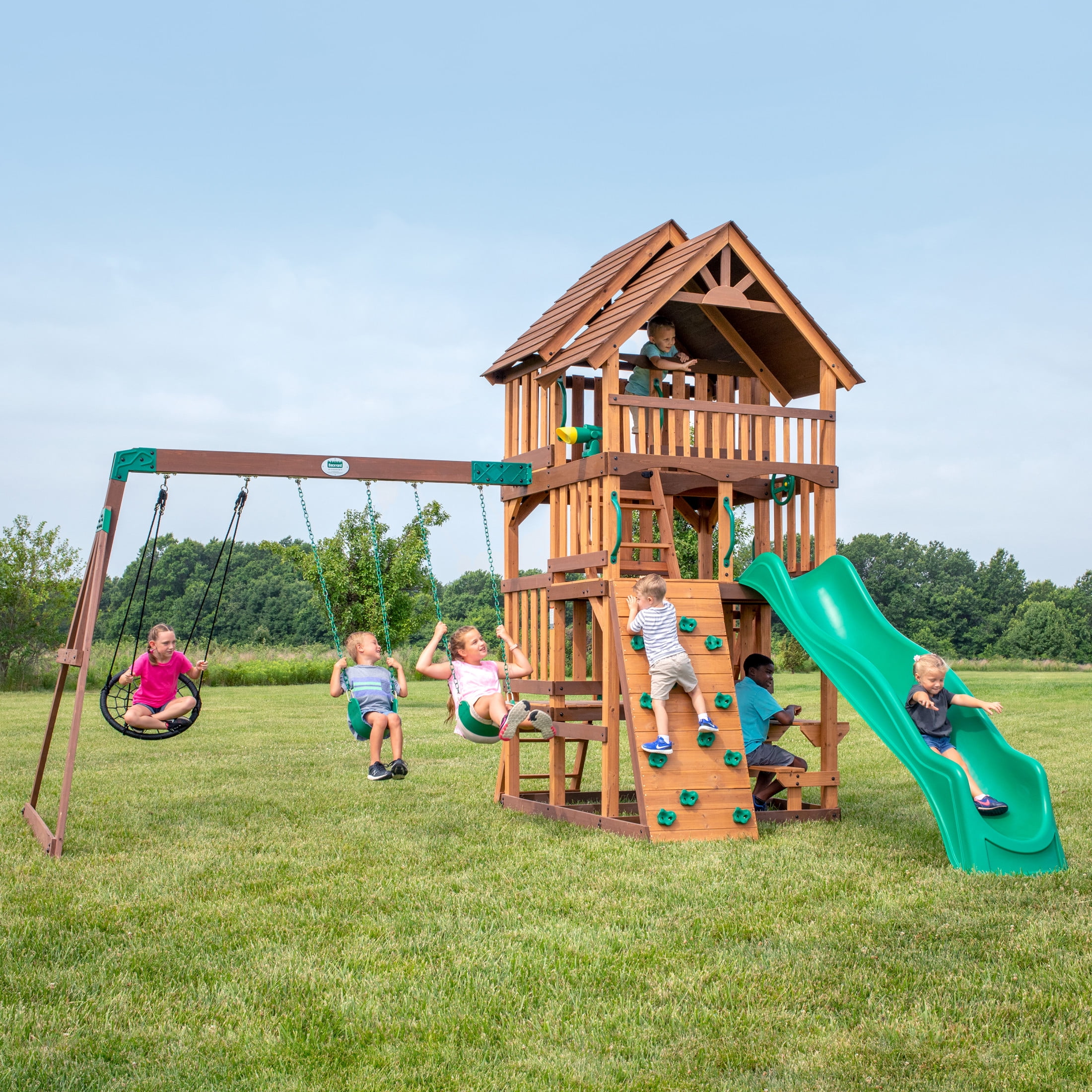 Backyard Discovery Highlander Cedar Wood Swing Set with Wave Slide and Three-Story Clubhouse (Brown, 10 ft Slide) 3xbnq