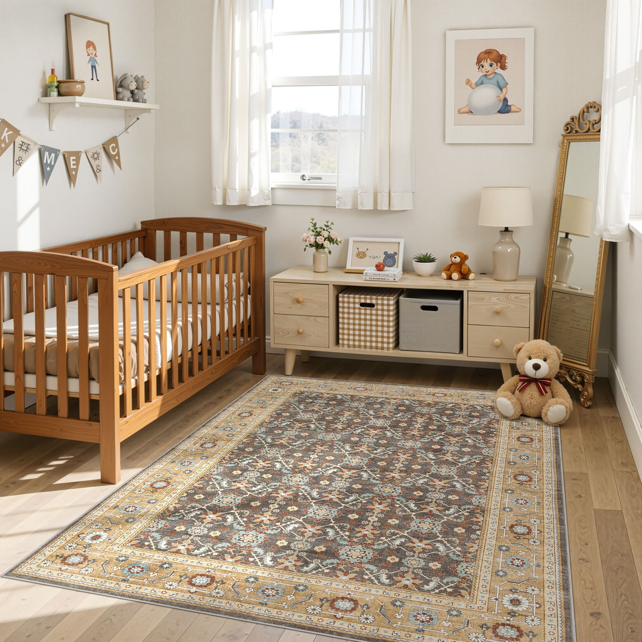 UERMEI Washable Area Rug, Boho Low-Pile Non-Slip Carpet for Living Room and Bedroom (Brown, 5 ft x 7 ft) un0zo