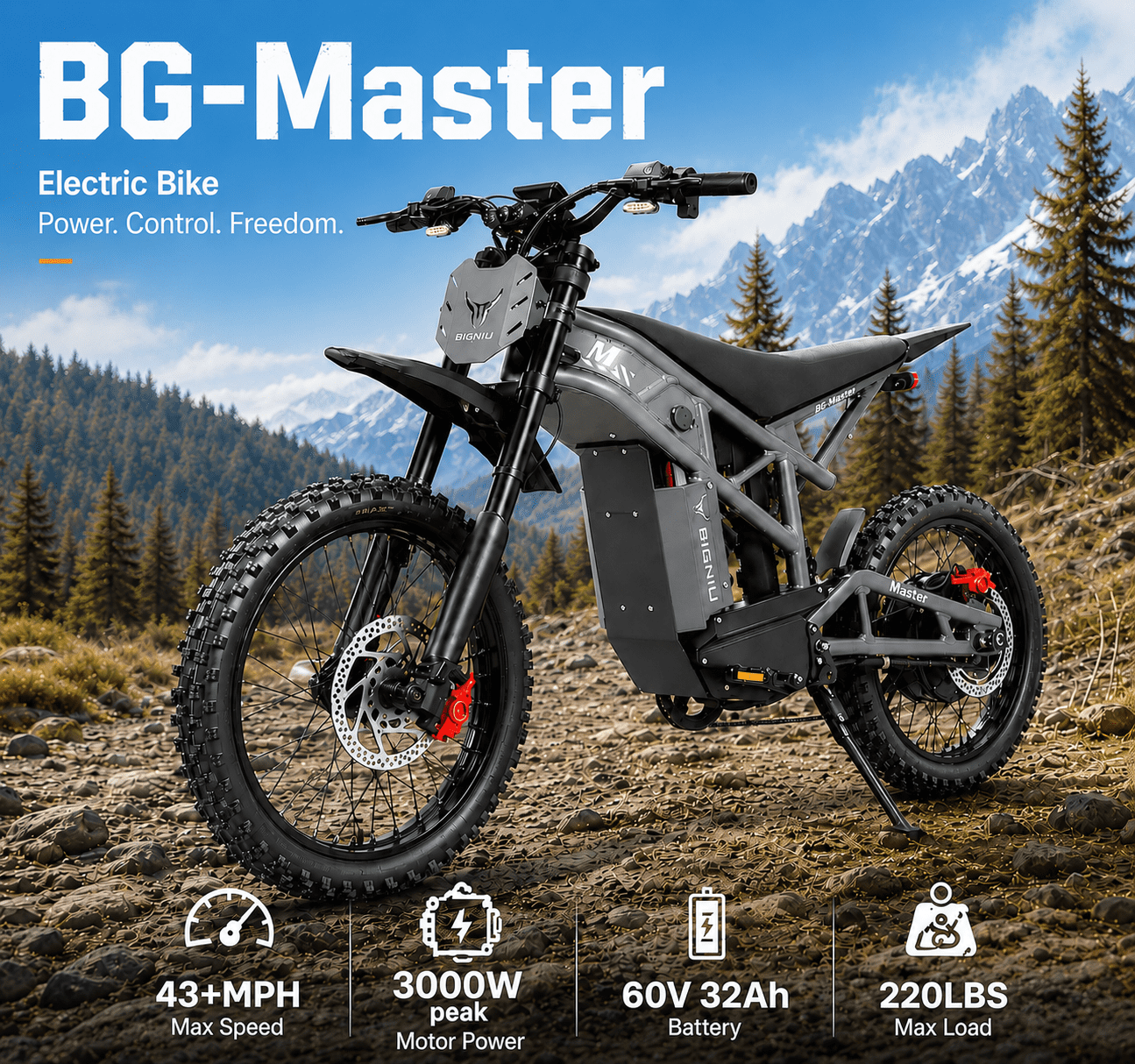 BIGNIU BG-Master Electric Bike for Adults, High-Performance 3000W Peak Motor, UL 2849 Certified, Full Suspension (Grey, 60V 32Ah) le8qq