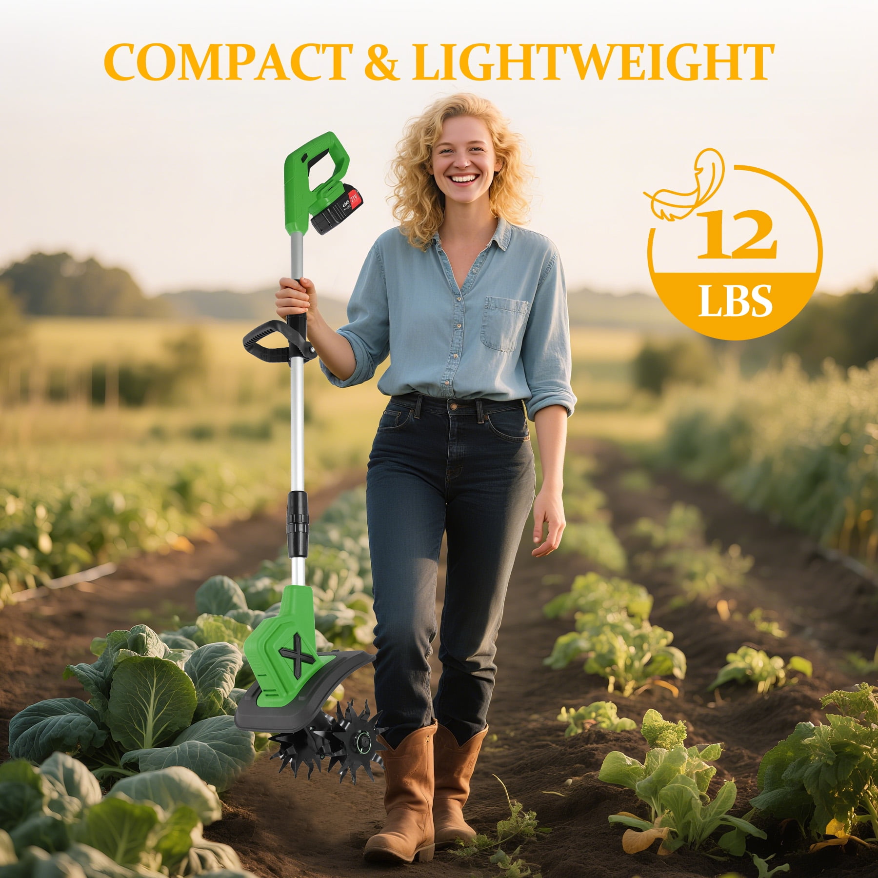 HUSGW 21V Cordless Electric Garden Tiller Cultivator (9 in Tilling Width, 2 Batteries) 85036