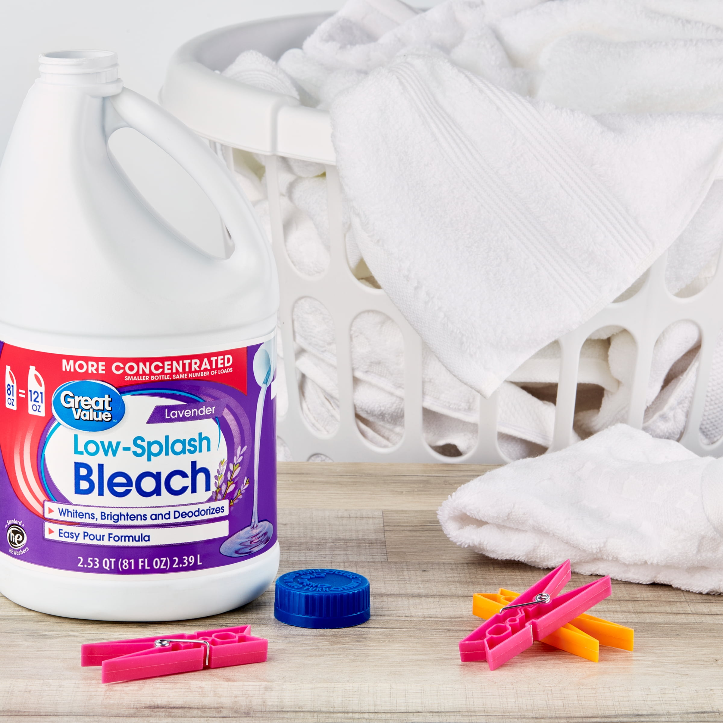 Great Value Low Splash Bleach, Lavender Scent, Concentrated Laundry & Household Cleaner (81 fl oz) ebq36