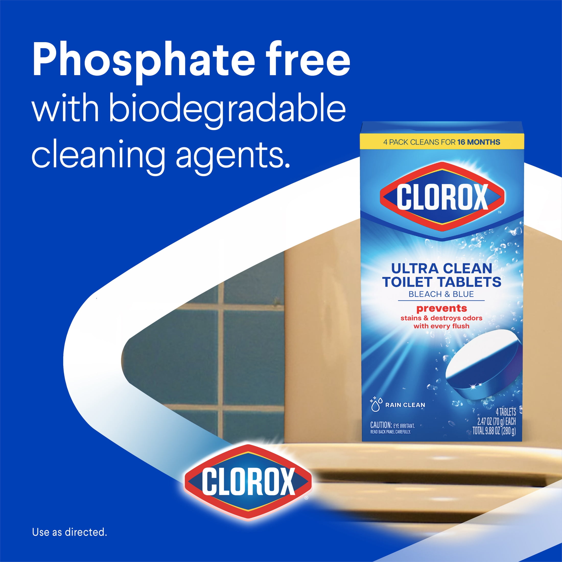 Clorox Bleach and Blue Toilet Bowl Cleaner Tablets, Rain Clean (Blue, 12 Count) f1hoo