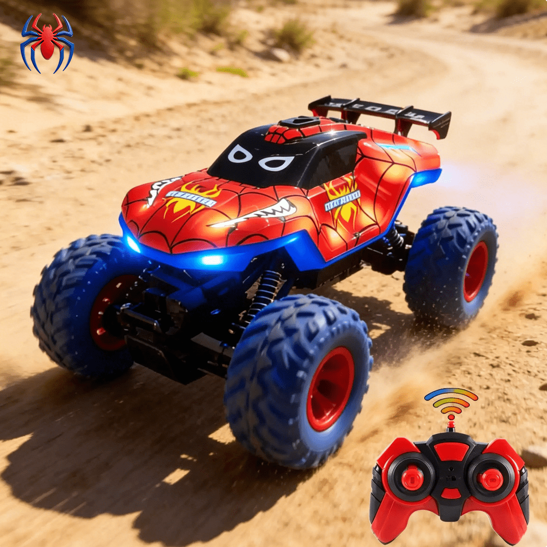 HNH 1:16 Spider Monster Truck RC Car, 4WD All-Terrain Off-Road Vehicle with LED Lighting and Spray Effect (Red, 1:16 Scale) zygid