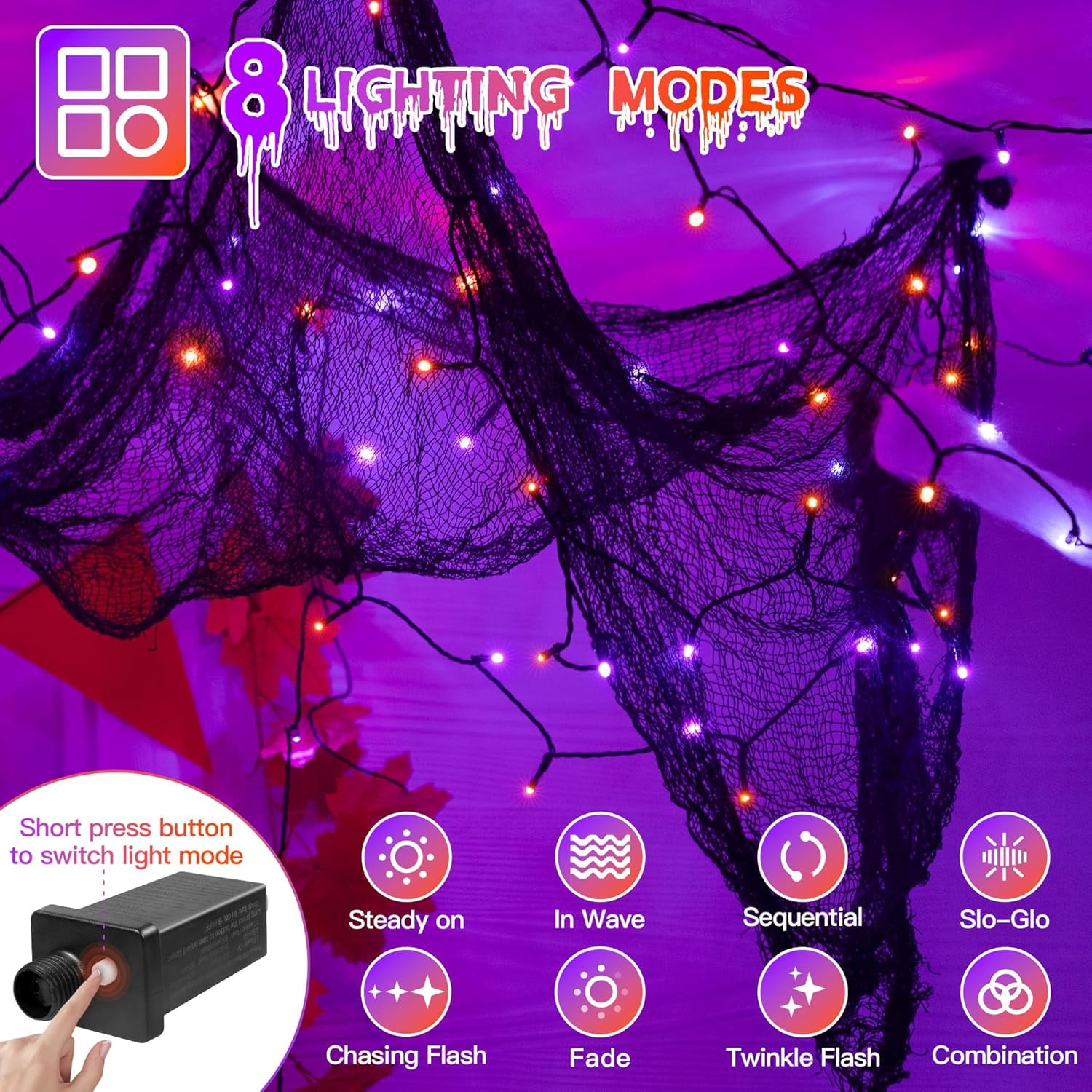 Generic 200 LED Halloween String Lights, Waterproof Outdoor Decorative Lighting with 8 Modes (Orange and Purple, 66 ft) hxw36