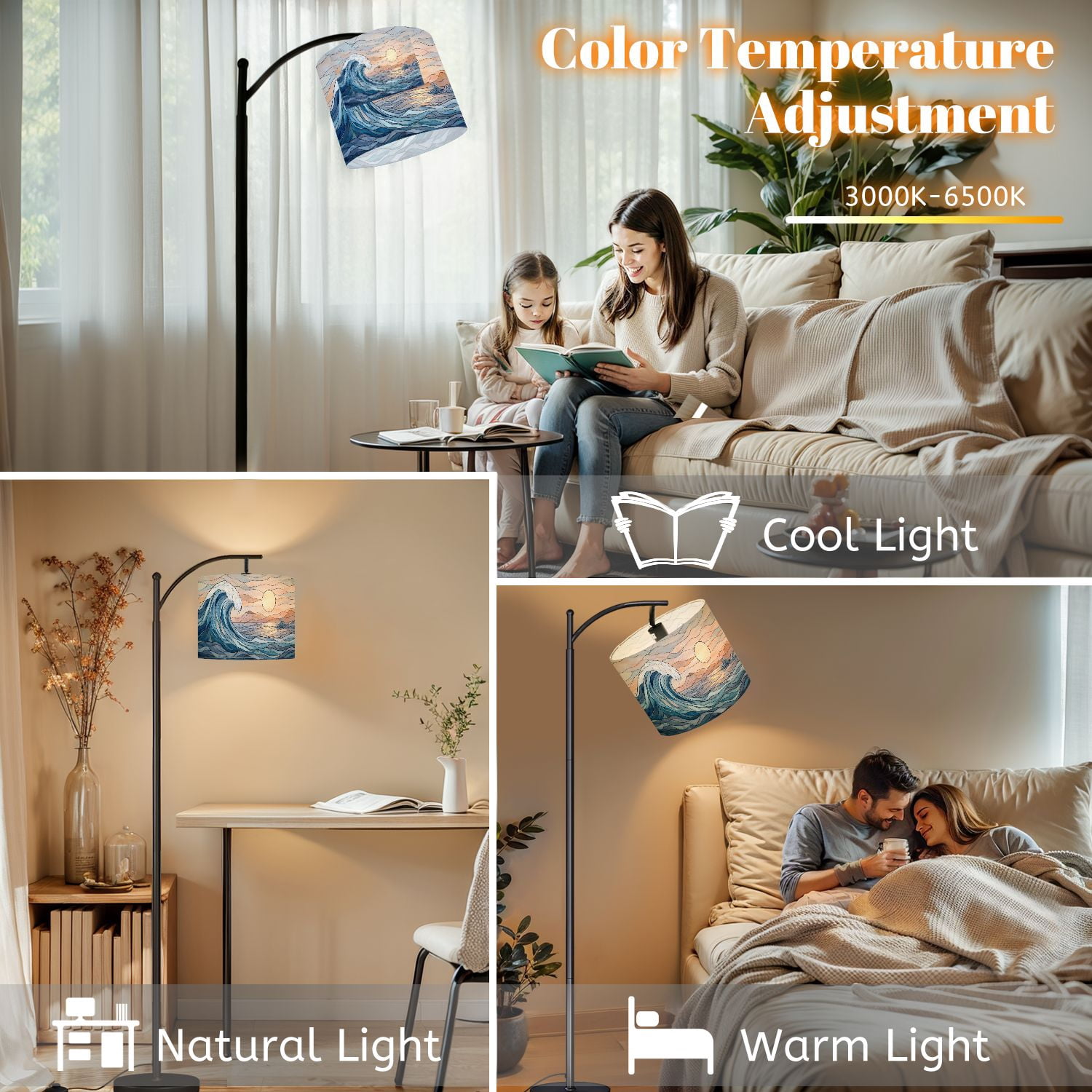 RAINFALLARING Arc Floor Lamp with Adjustable Lampshade, Dimmable LED Standing Pole Lamp with Remote and Foot Switch (Ocean Wave, 63 in) gg34s