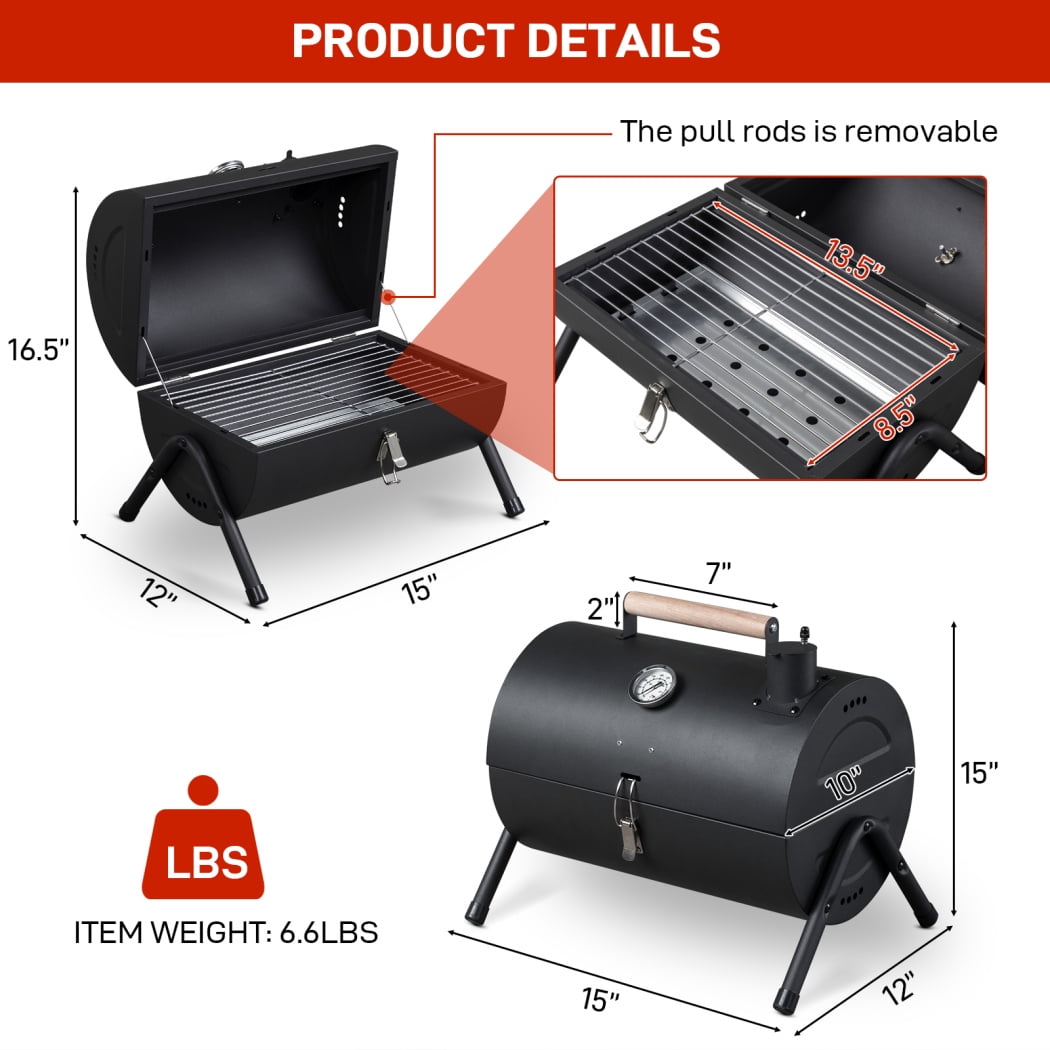Triple Tree Portable Charcoal Grill with Thermometer and Wooden Handle, Compact Tabletop BBQ Smoker for Outdoor Camping (Black, 13.5 in x 8.5 in) 3jfp7
