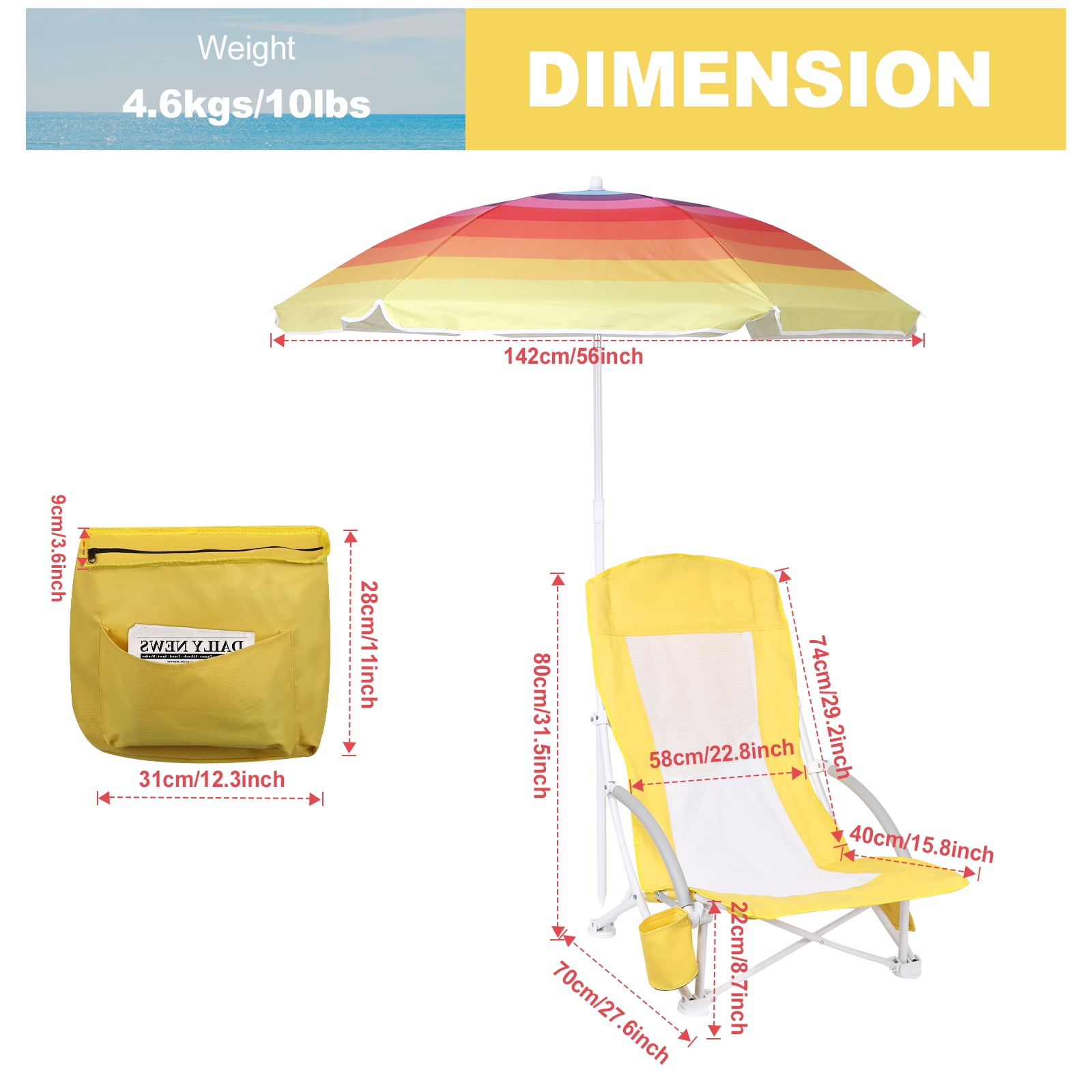 MUKE High Back Beach Chair with Cooler and Umbrella, Heavy Duty Folding Camping Chair for Outdoor Travel (Yellow, 1 Pack) fyqji