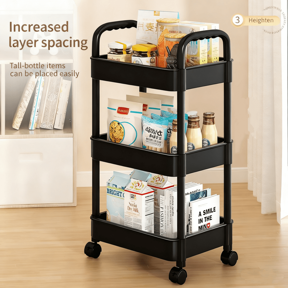 COWIN 3-Tier Metal Rolling Utility Cart with 6 Hooks (Black, 17 in x 15 in x 34 in) 7wkkx