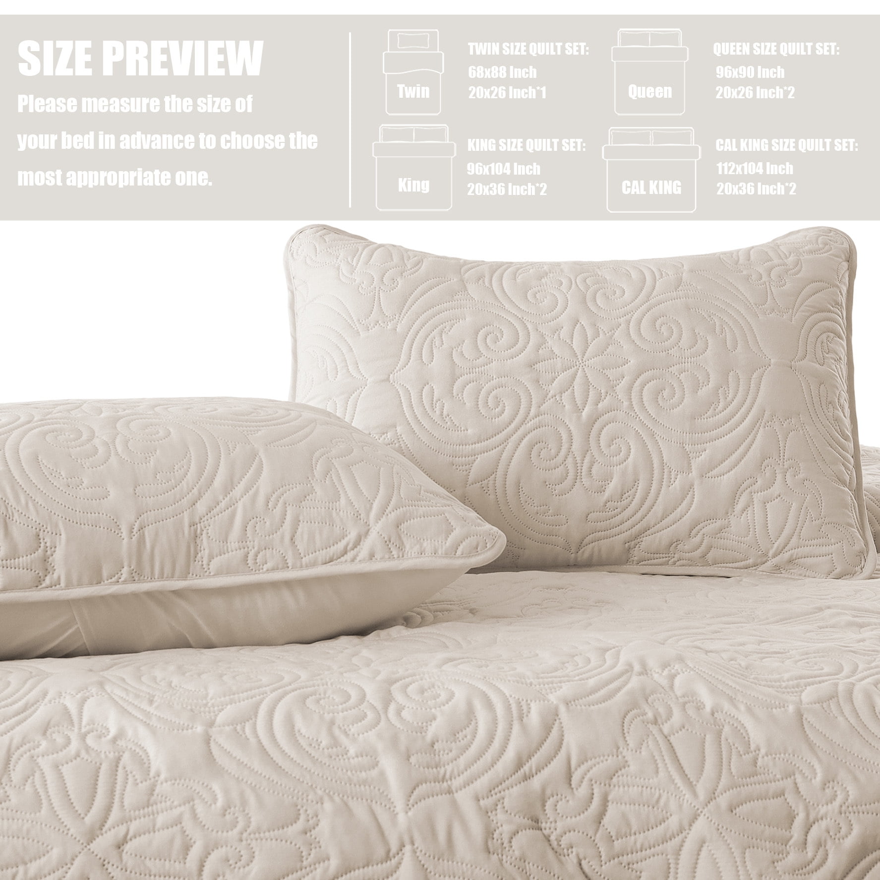 Exclusivo Mezcla Queen Quilt Bedding Set, Lightweight Vintage Embossed Bedspread with Pillow Shams (Beige, 96 in x 90 in) kfkcc
