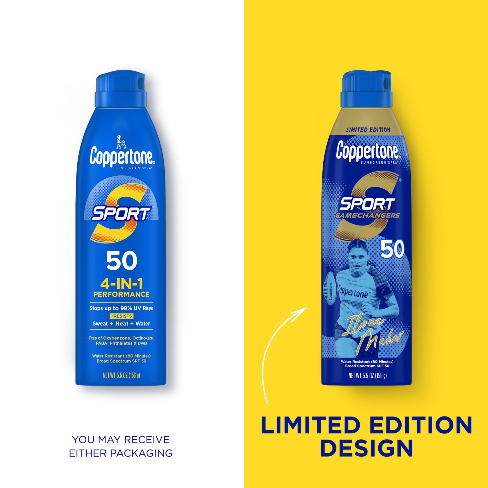 Coppertone Sport Sunscreen Spray SPF 50 Broad Spectrum UVA/UVB Protection (Ilona Maher Limited Edition, 5.5 oz) 8f7w0