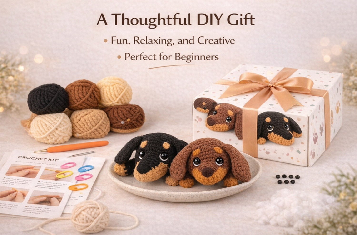 TIKA Dachshund Crochet Kit for Beginners, Dog Amigurumi Starter Set with Video Tutorials (2 Pack) fpcjn
