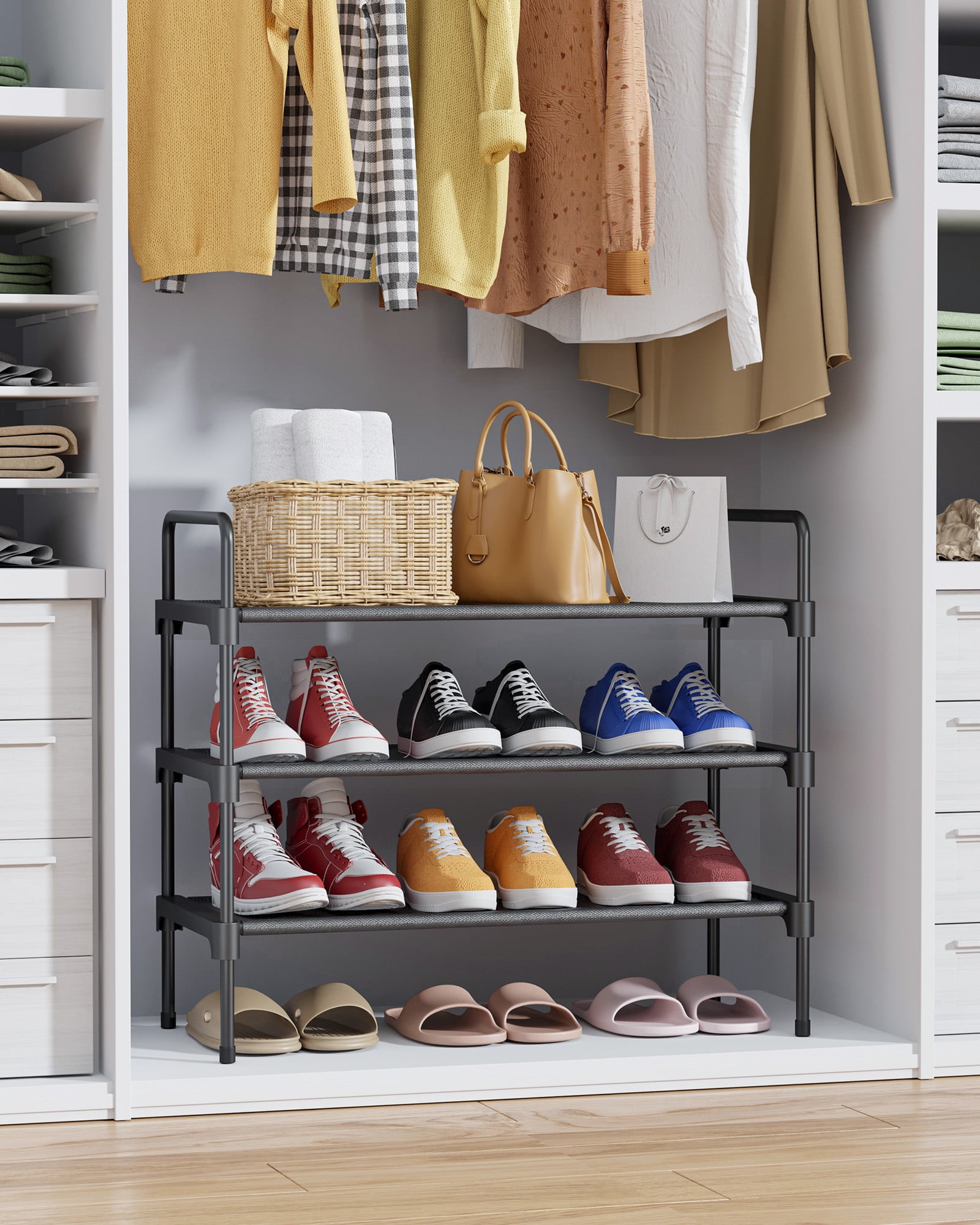 Sakugi 3-Tier Shoe Rack, Heavy-Duty Shoe Organizer, Space-Saving Entryway Storage Shelf (Black, 28 in) zz7oq