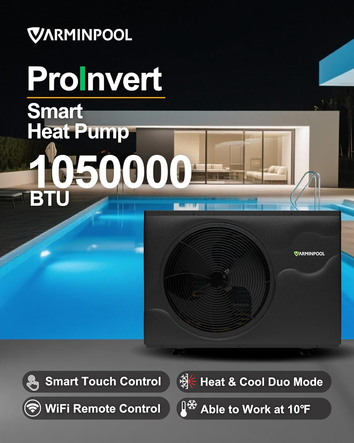 Varminpool 105,000 BTU Swimming Pool Heat Pump, Electric Heater for Inground and Above Ground Pools (WiFi Enabled, 43 in x 17.5 in x 29.2 in) 0i62w