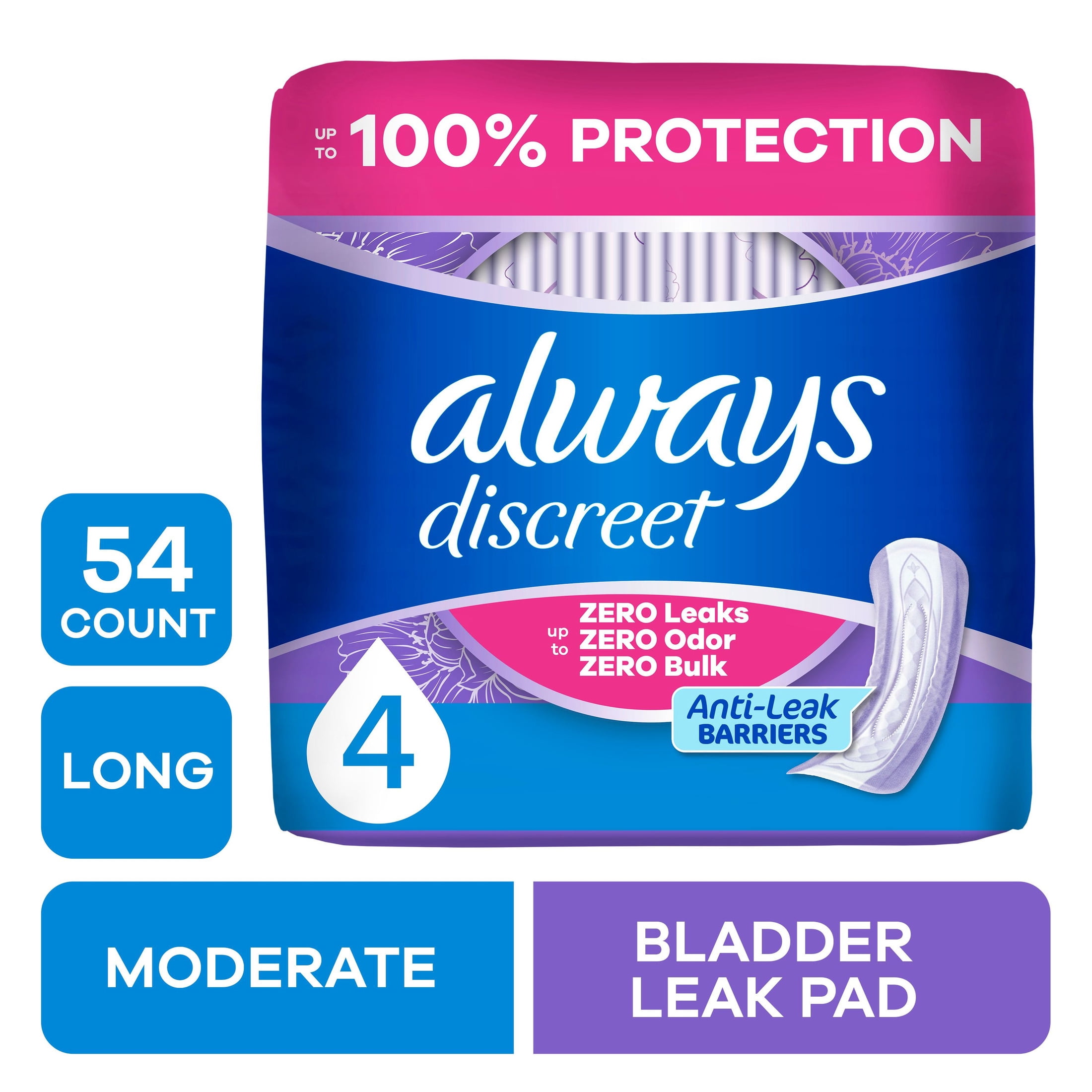 Always Discreet Incontinence Pads, Moderate Absorbency, Long Length (54 Count) p4zy0