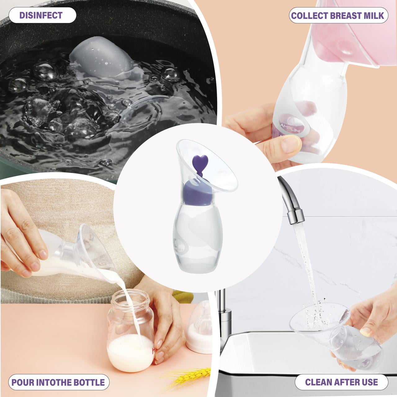 Amplim Manual Silicone Breast Pump, Portable Hand-Operated Milk Collector (Clear, 4 oz) xfqg9