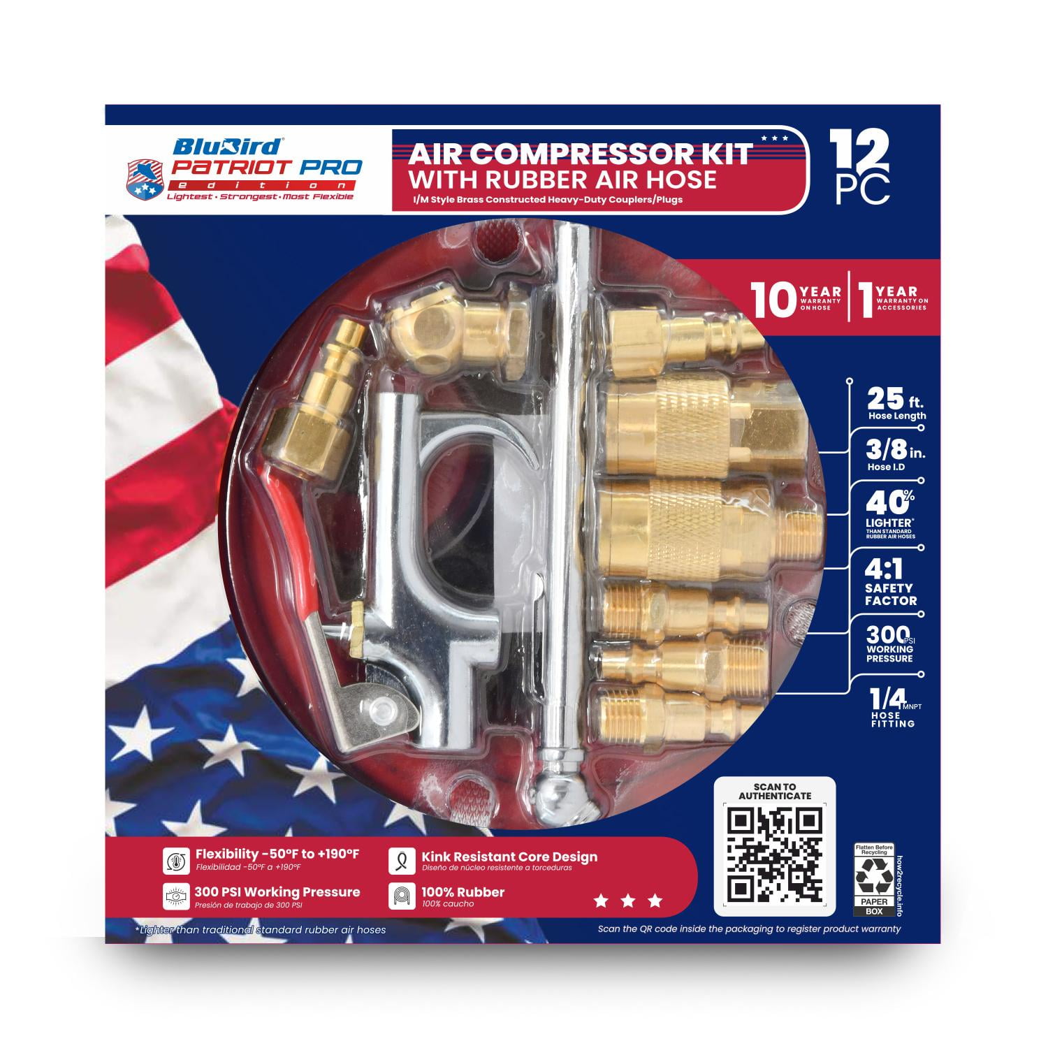 Blubird Patriot Pro Rubber Air Hose (3/8 in x 25 ft, 12 Piece Kit) ey4gw