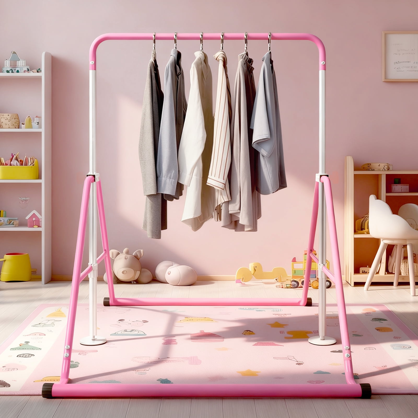 Primy Gymnastics Bar for Kids, Height Adjustable Horizontal Training Bar, Foldable Home Exercise Equipment (Pink, 150 lb Capacity) zca0t