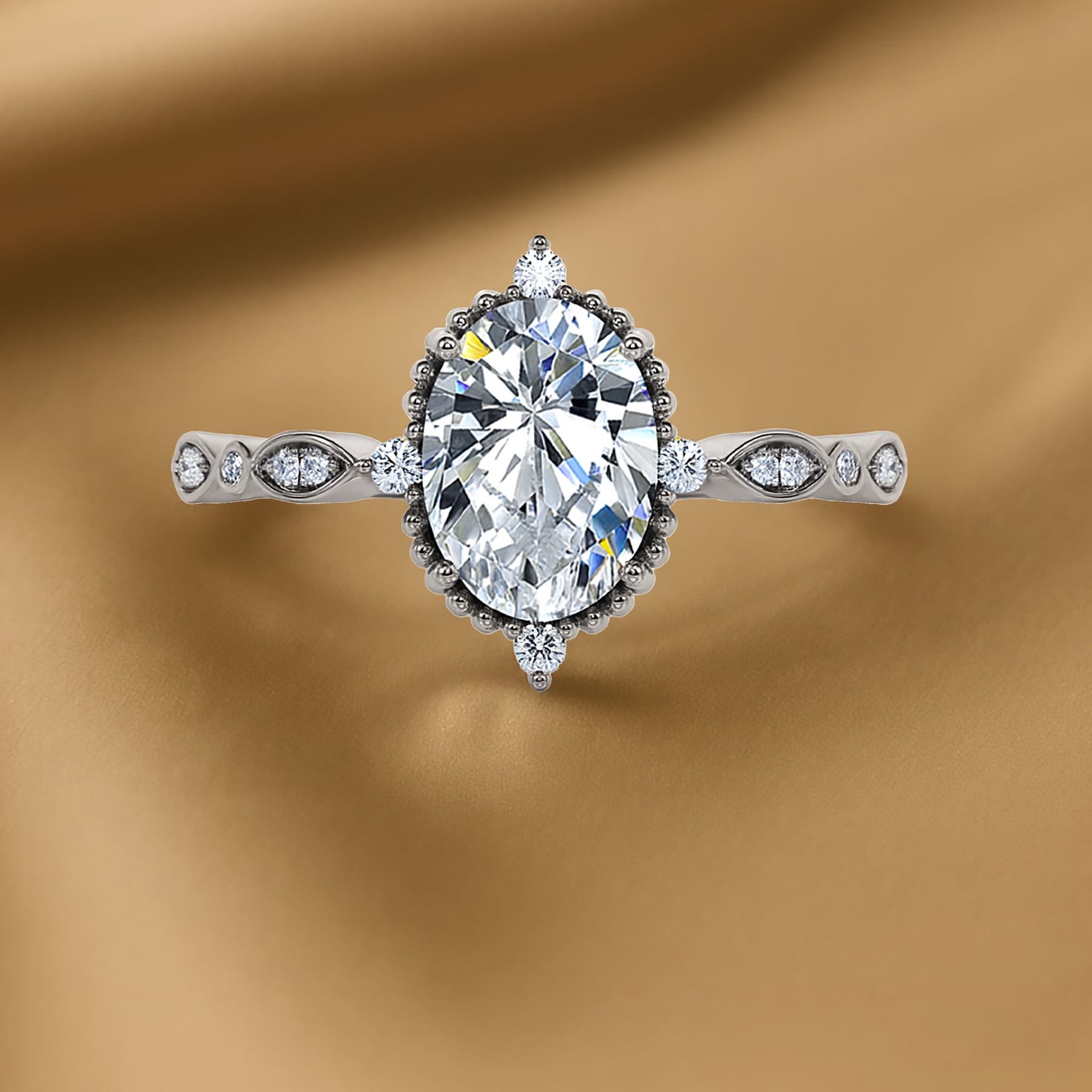 JeenMata 1.5 Carat Moissanite Oval Engagement Ring Vintage Filigree 5-Stone Milgrain (White Gold Plated, Size 7) xln6w