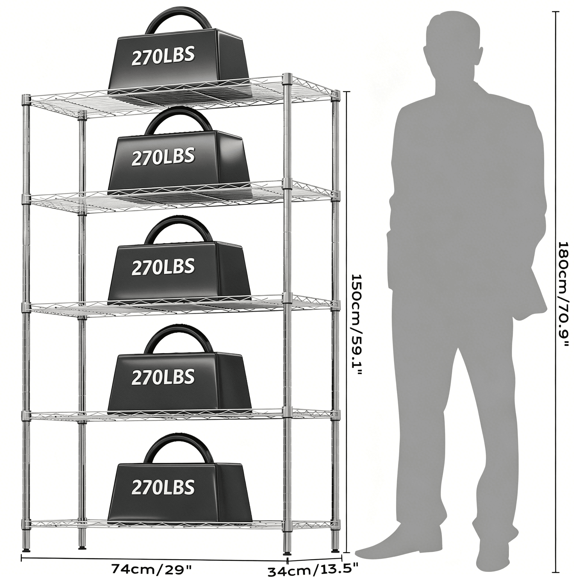 Ktaxon 5-Tier Heavy-Duty Wire Shelving Unit, Adjustable Steel Storage Rack for Garage and Kitchen (Silver, 29.13 in W x 13.39 in D x 59.06 in H) 9h852