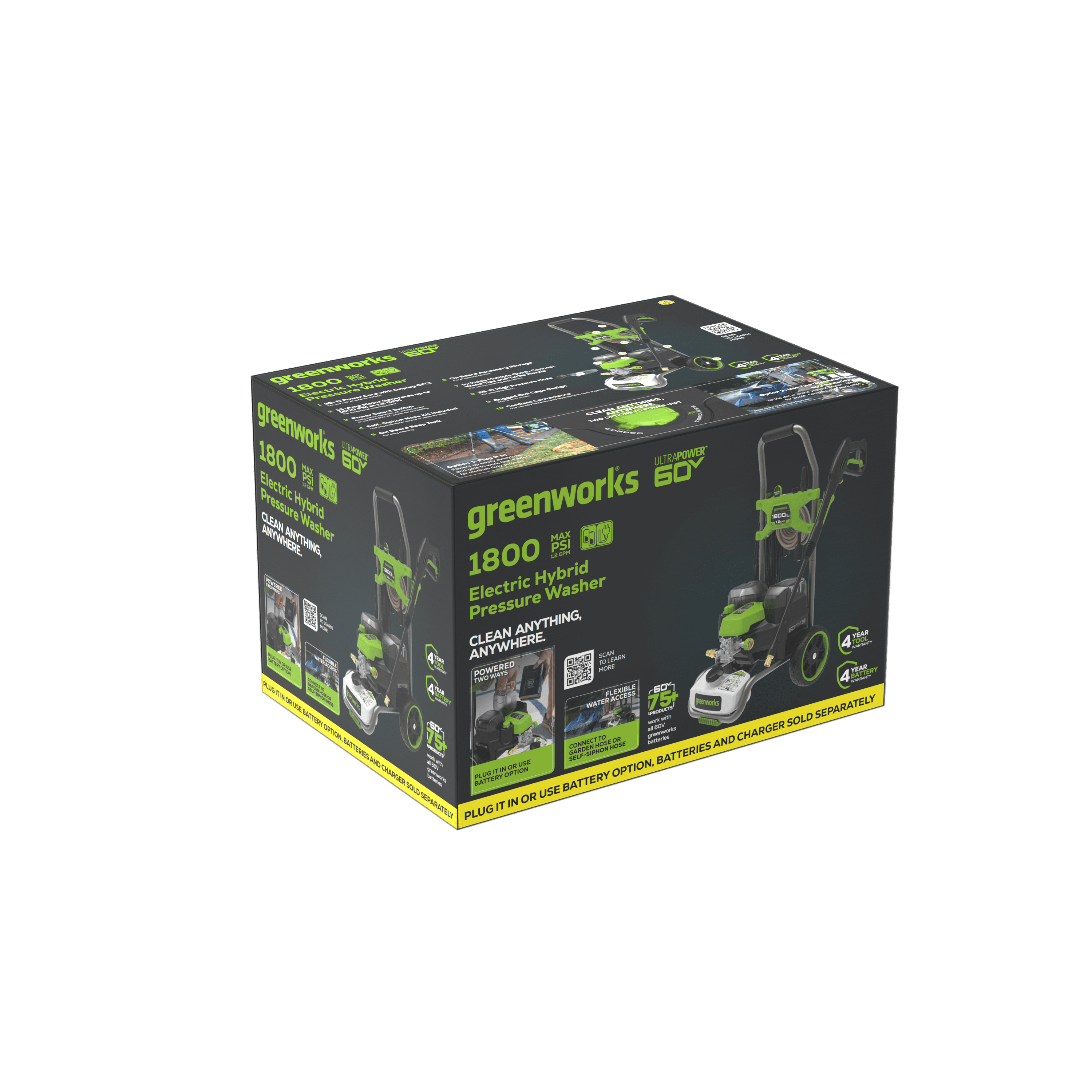 Greenworks Hybrid 60V Electric Cold Water Pressure Washer (1800 PSI, 1.2 GPM, 25 ft Hose) 1u5o1