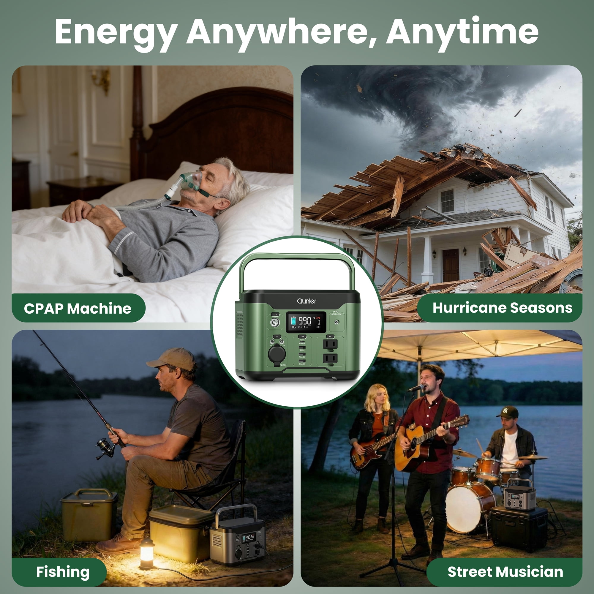 Qunler 300W Portable Power Station, 296Wh Backup Battery with Pure Sine Wave AC Outlet and 60W USB-C PD (Green, 7.6 lb) gu7ci