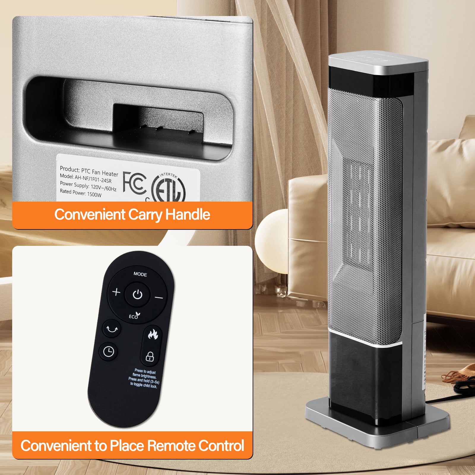 JIOABL Portable Ceramic Space Heater with Remote and Thermostat (Silver, 25 in) 3fwse