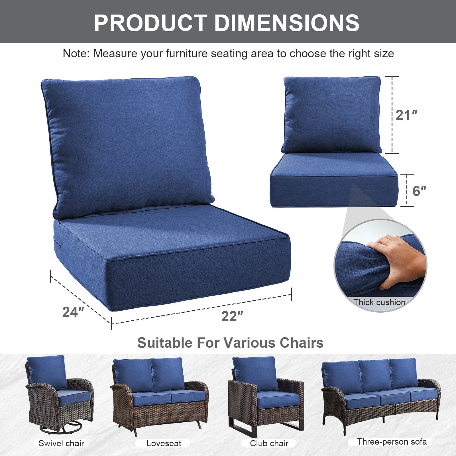 Bellefurn Luxury Outdoor Deep Seat Cushion Set, Waterproof & Fade Resistant Patio Furniture Cushion for Wicker Chairs and Sofas (Blue, 22 in x 24 in x 6 in) 4spxu
